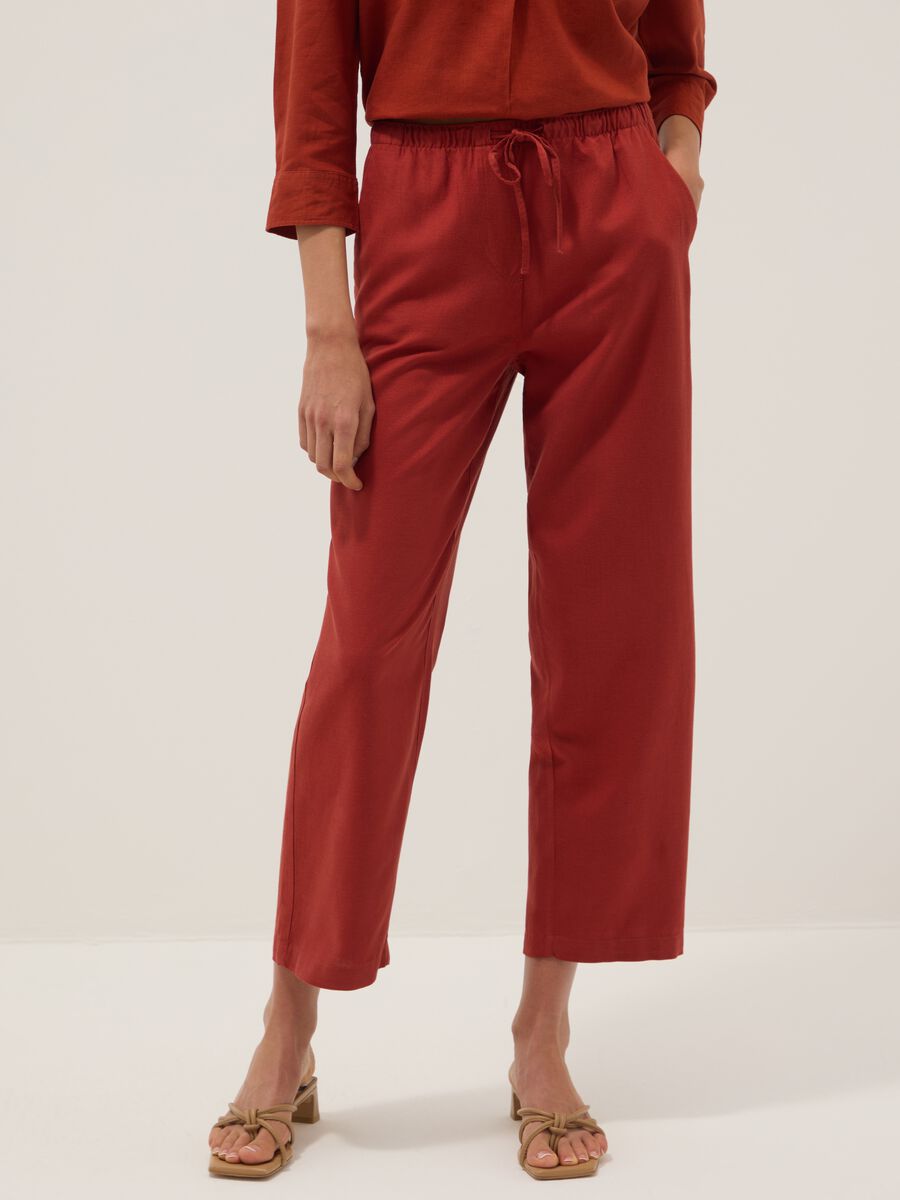 Pantaloni in misto viscosa e lino rossi straight fit con coulisse_1