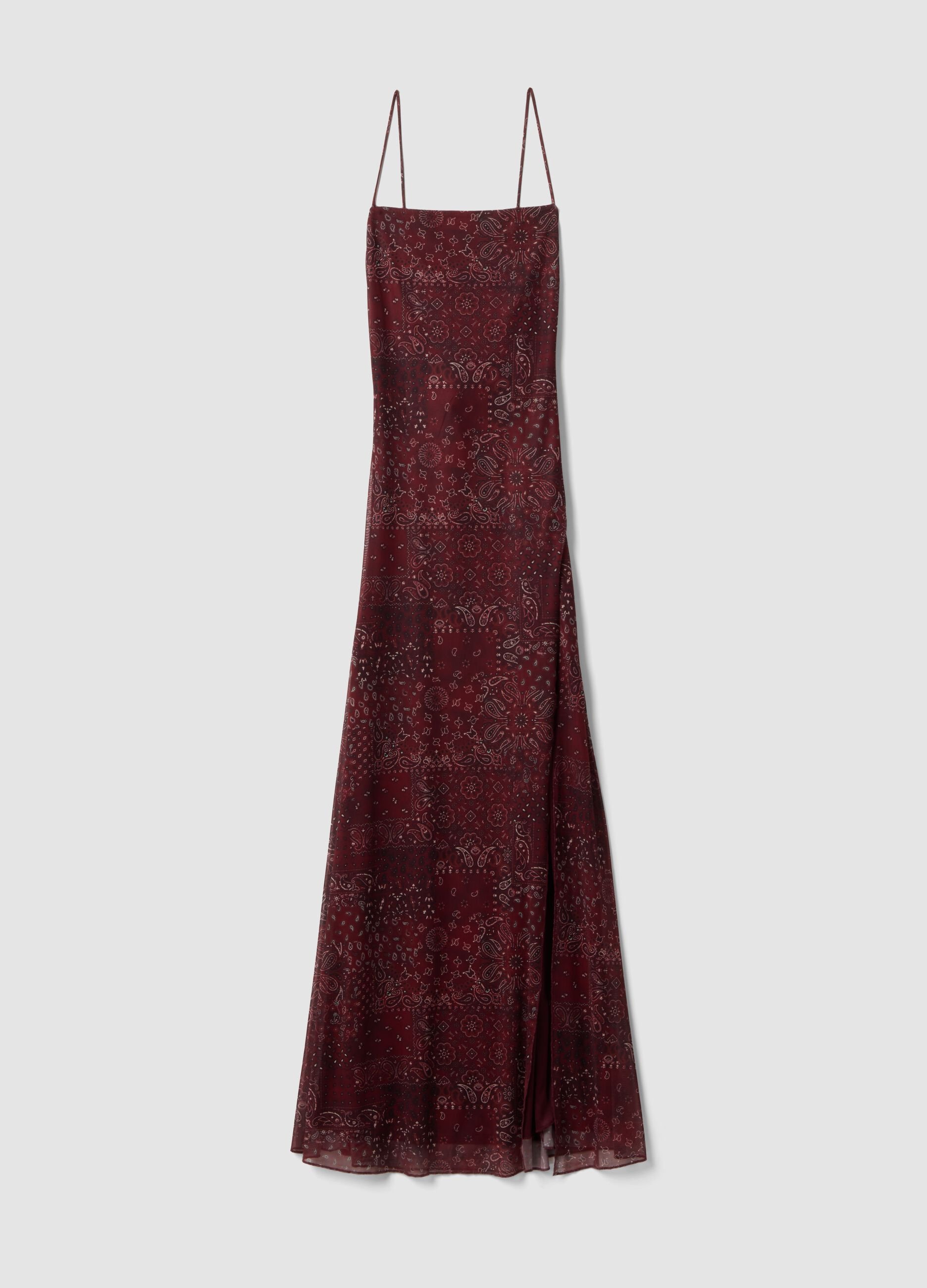 Red paisley stretch maxi dress with side slit
