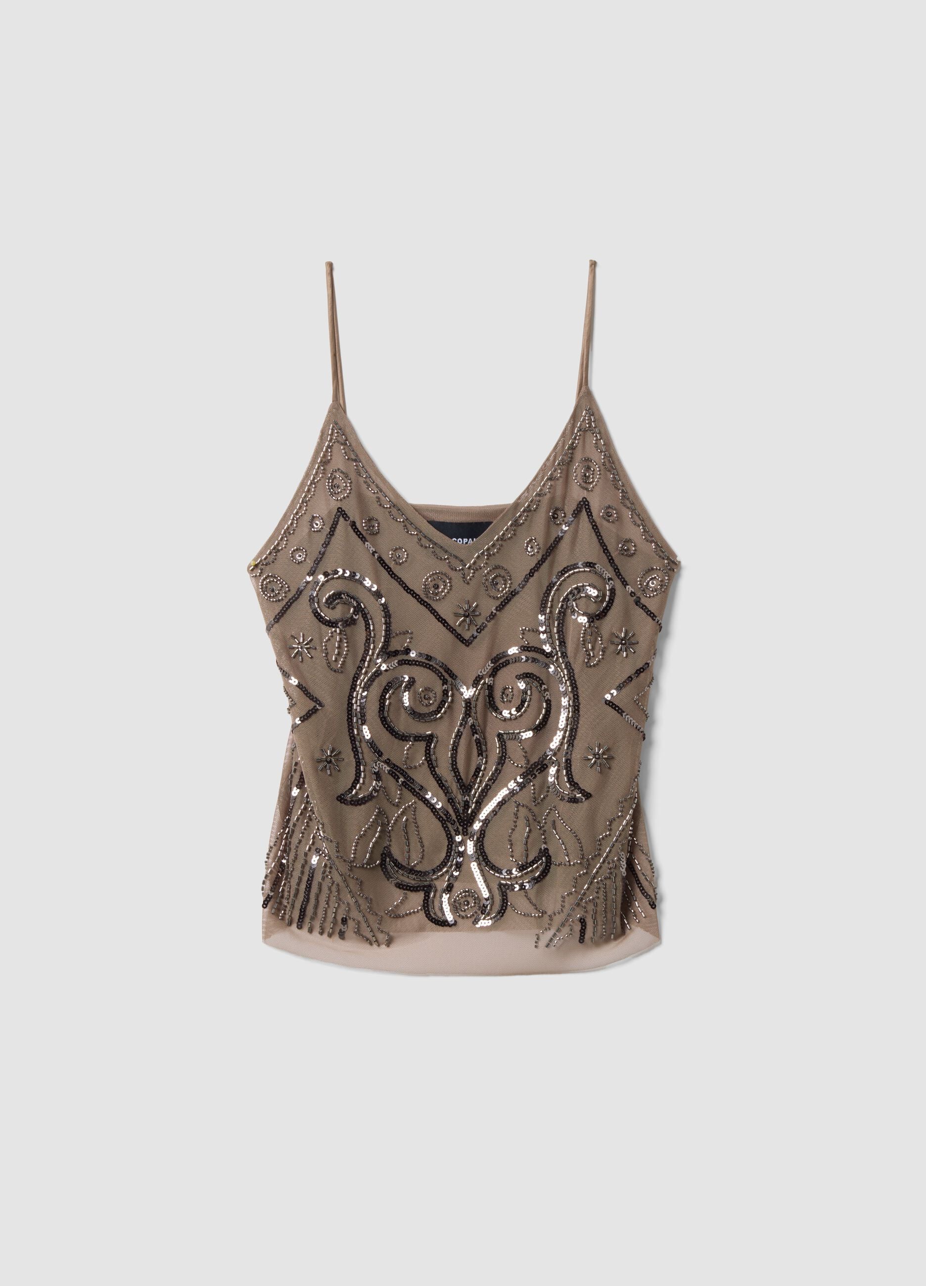 Beige fitted tank top with thin straps in stretch fabric