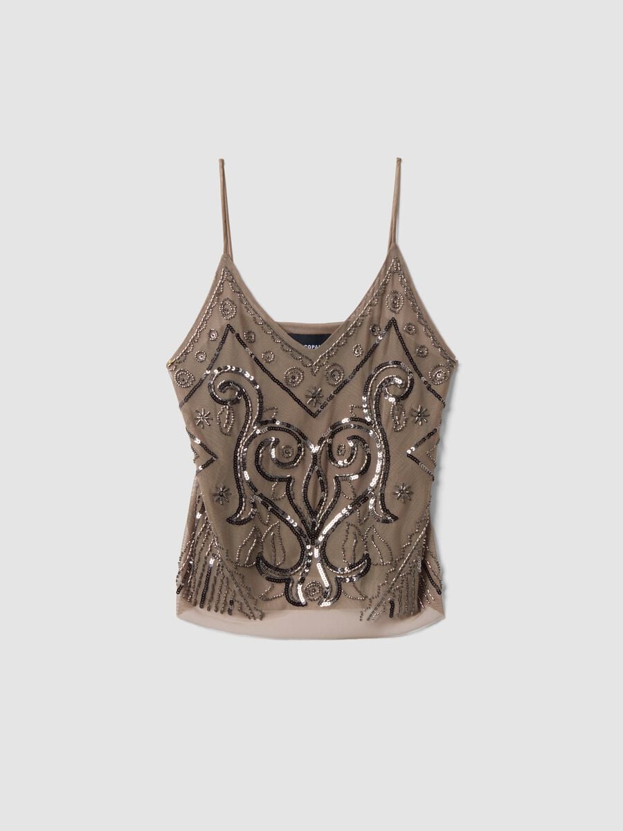 Beige fitted tank top with thin straps in stretch fabric_0