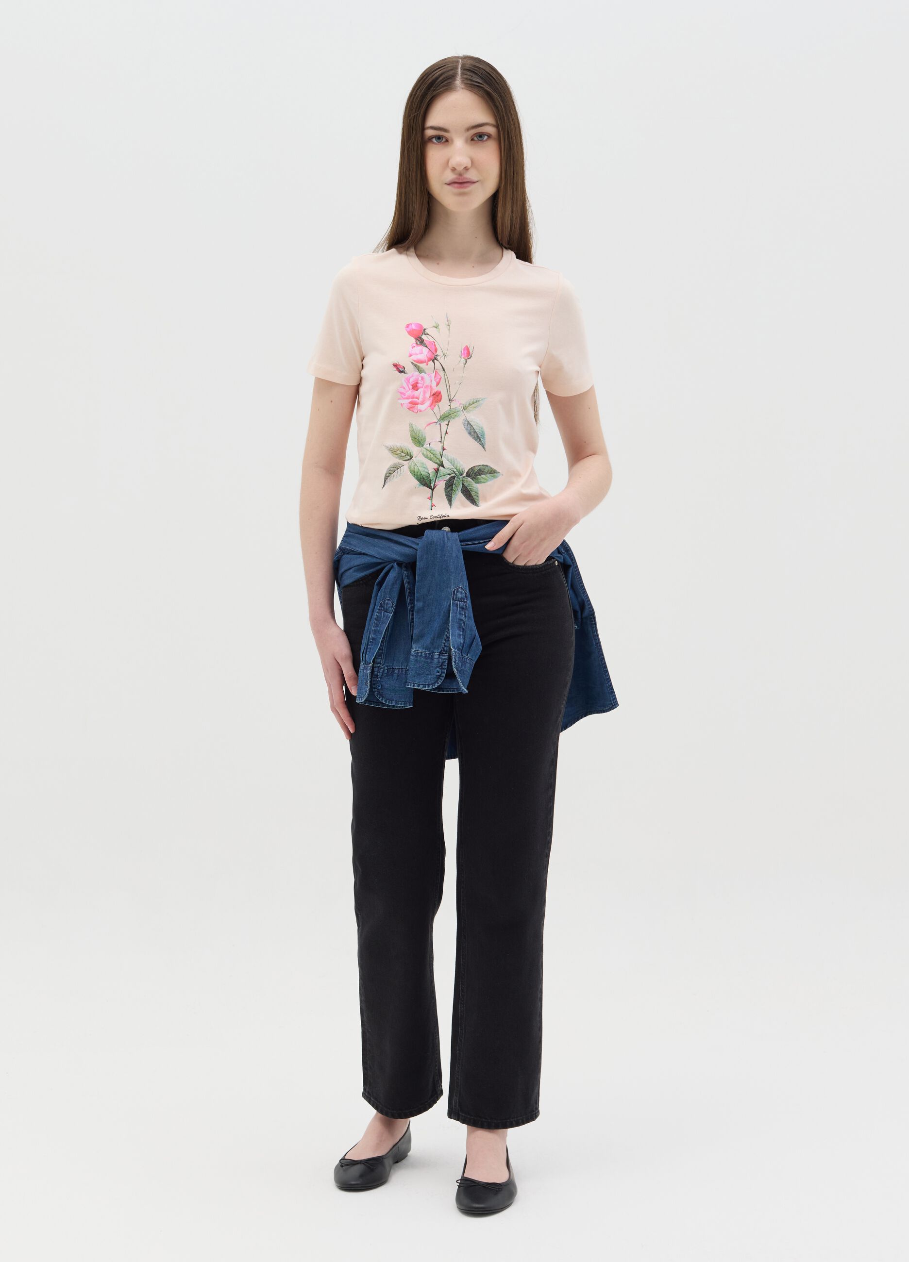 T-shirt rosa in cotone con stampa fiore