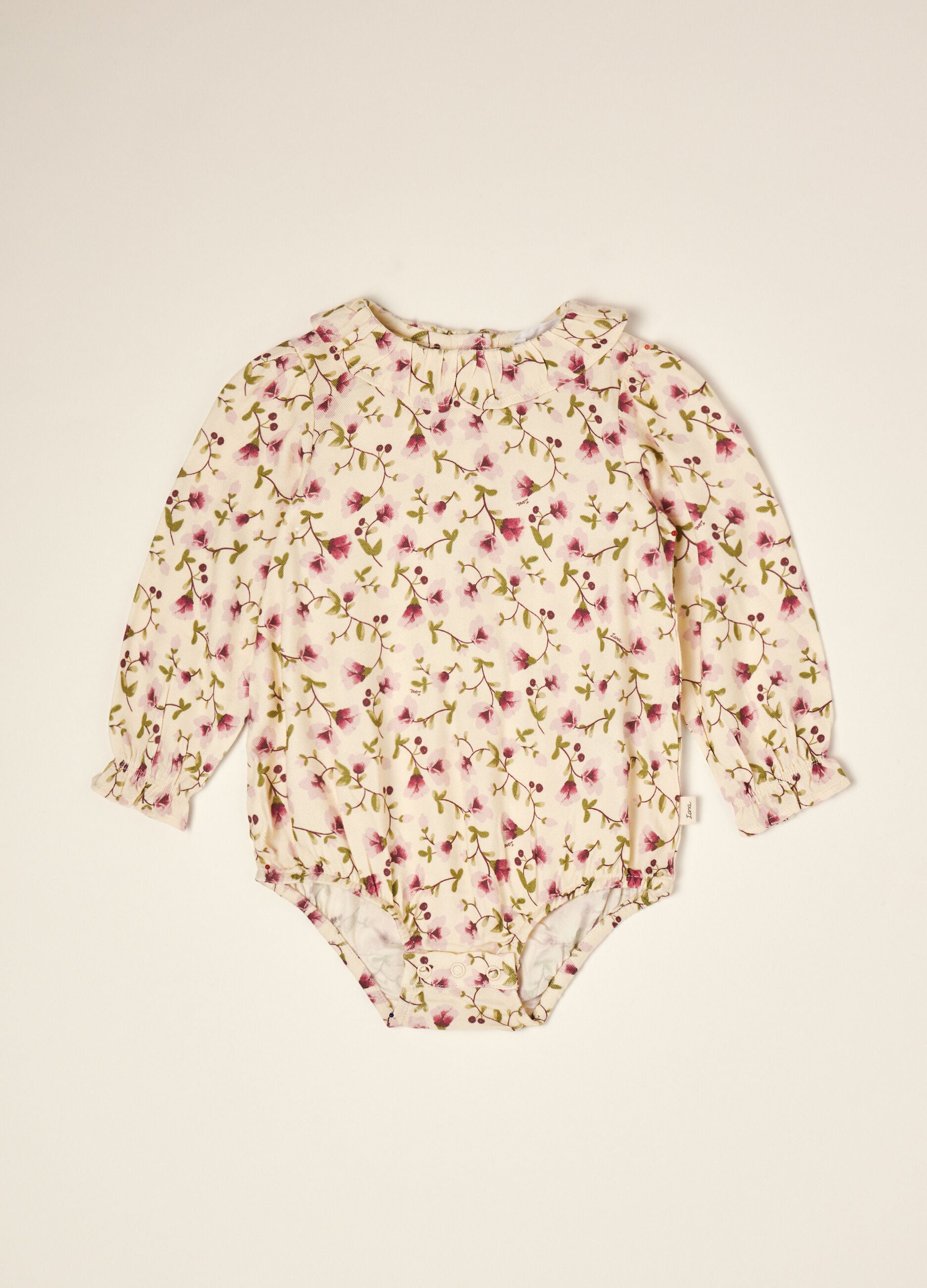 Beige floral pure viscose baby bodysuit with round neck