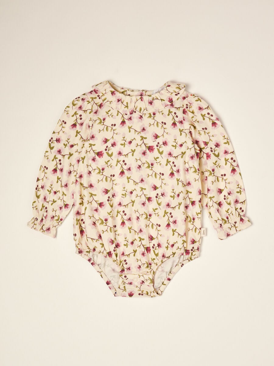 Beige floral pure viscose baby bodysuit with round neck_0