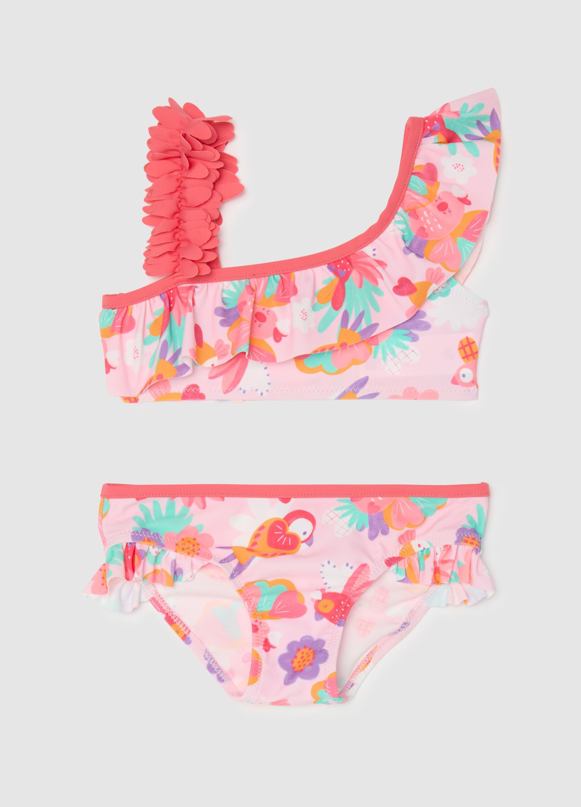Girls’ bikini in multicoloured stretch fabric with floral print