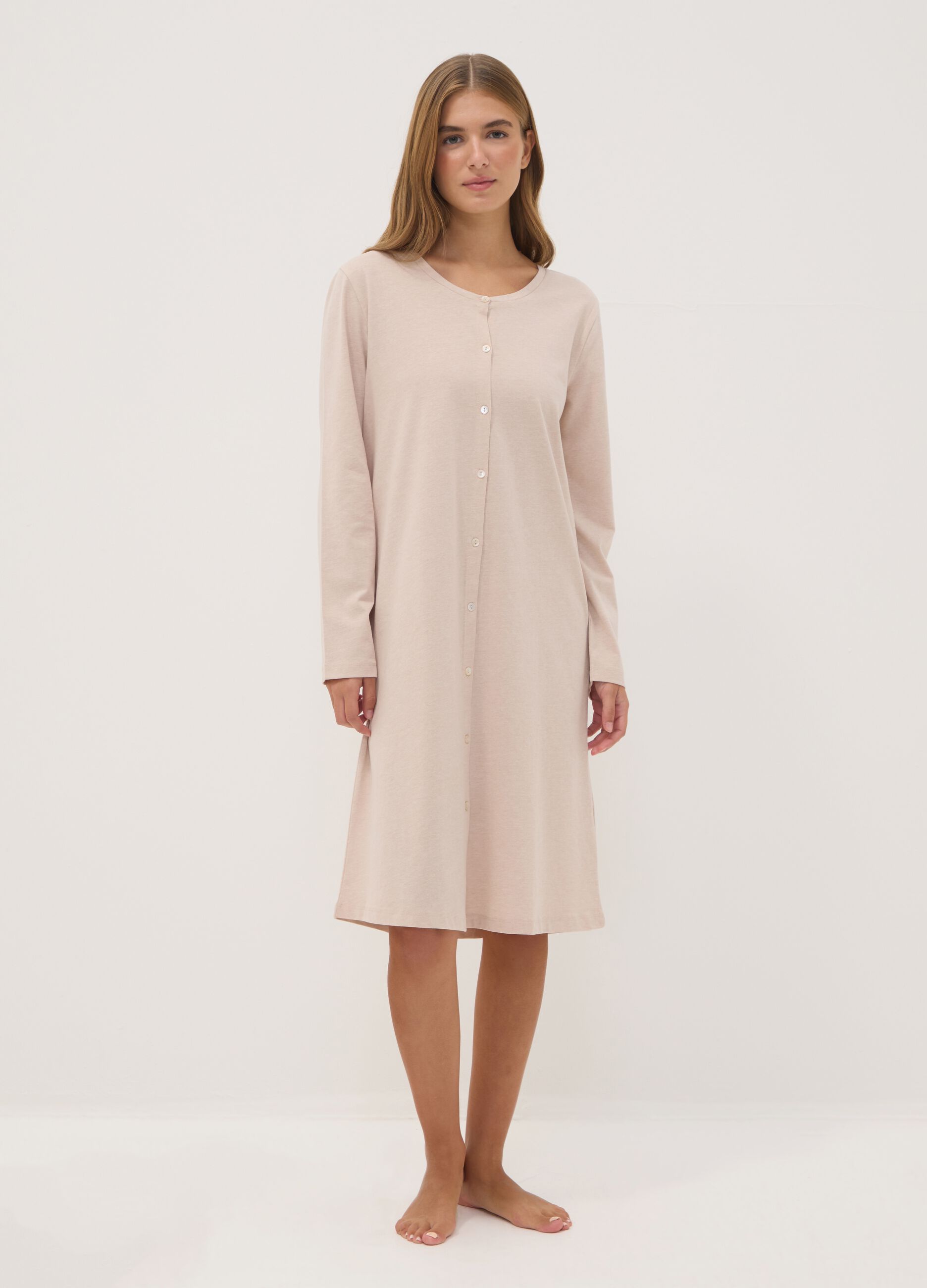 Beige organic cotton-blend jersey nightdress with crew neck