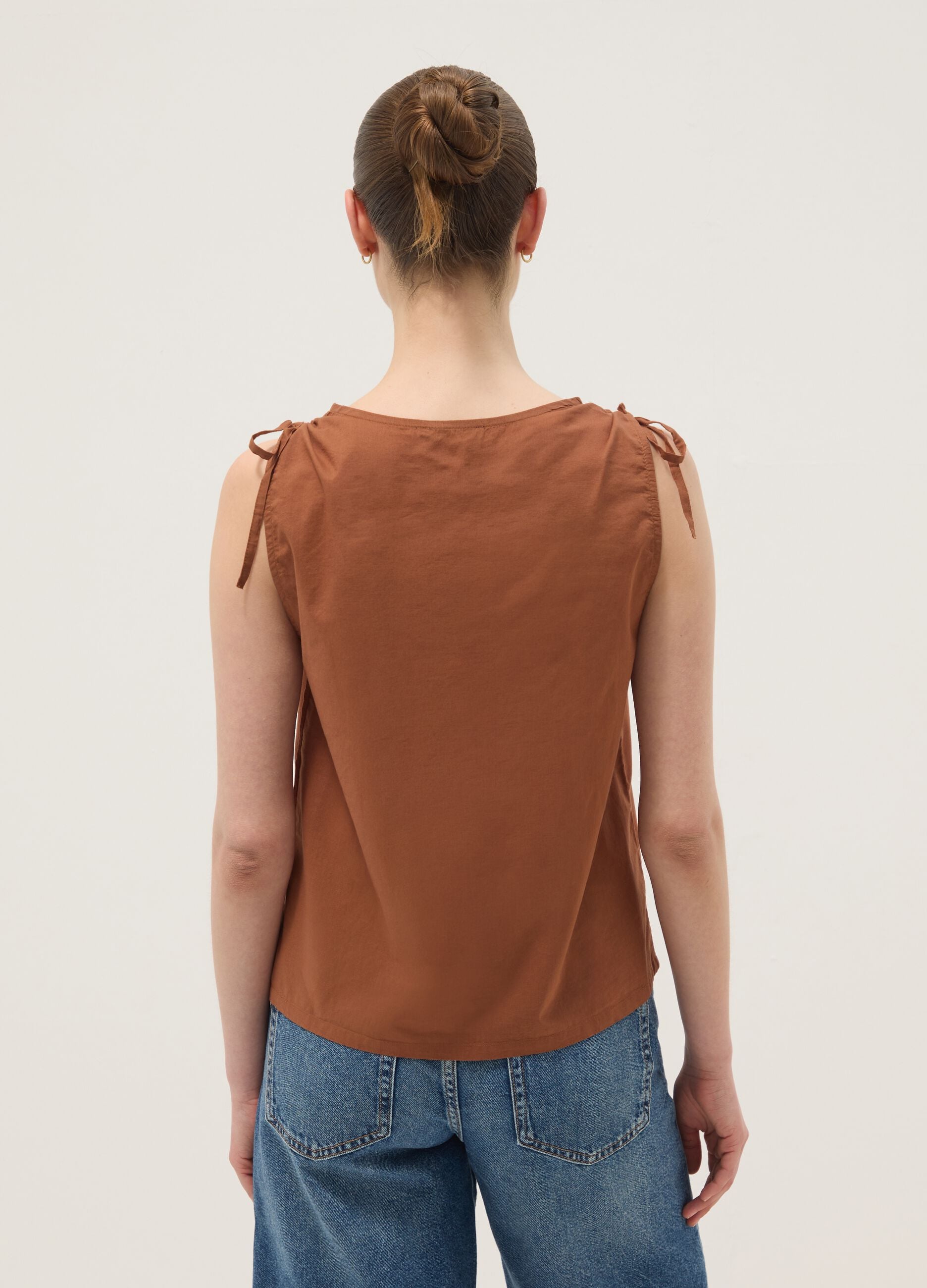 Brown pure cotton V-neck blouse