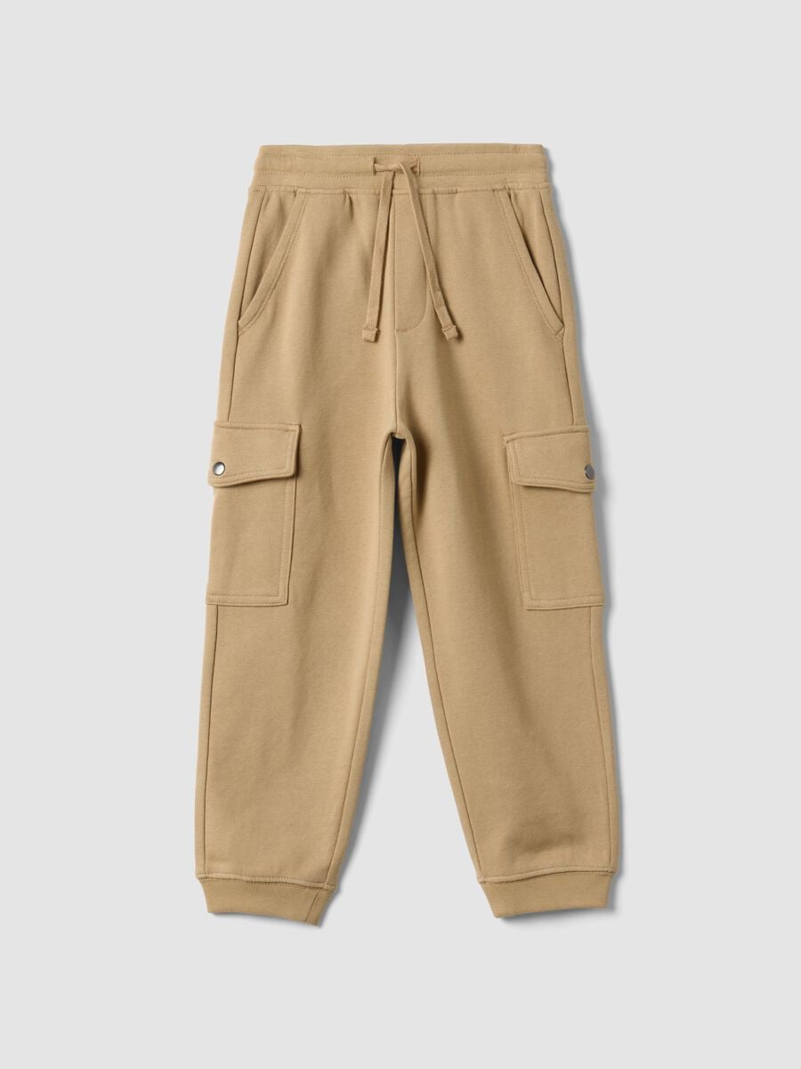 Pantaloni jogger beige in misto cotone con tasche cargo per bambino_0