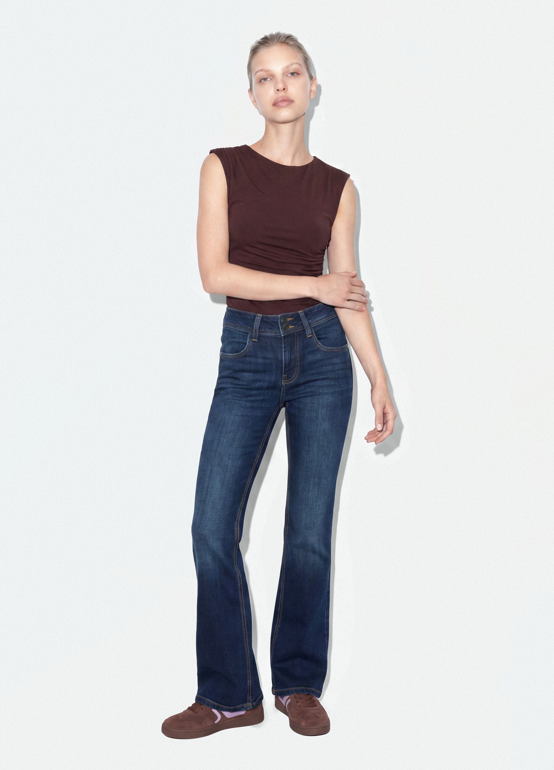 Brown stretch bodysuit with ruching, regular fit