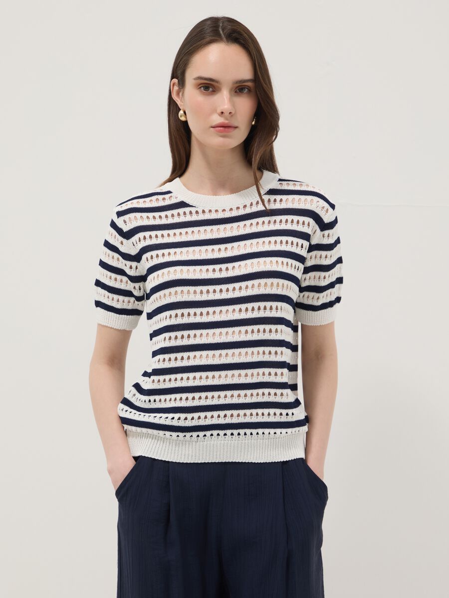 White and blue striped regular-fit openwork viscose-blend T-shirt_2