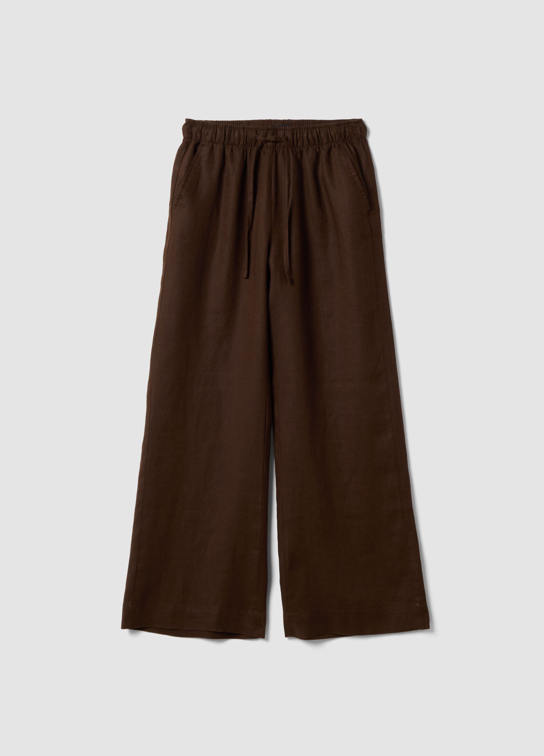 Brown pure linen drawstring trousers, straight fit