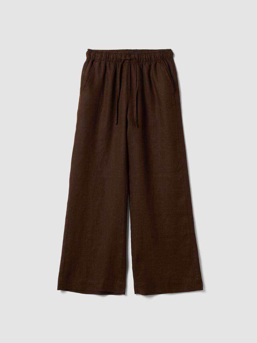 Pantaloni marroni in puro lino con coulisse straight fit_0