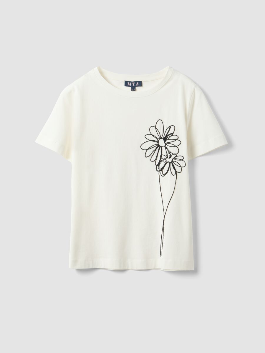 White pure cotton regular fit T-shirt with floral embroidery_4