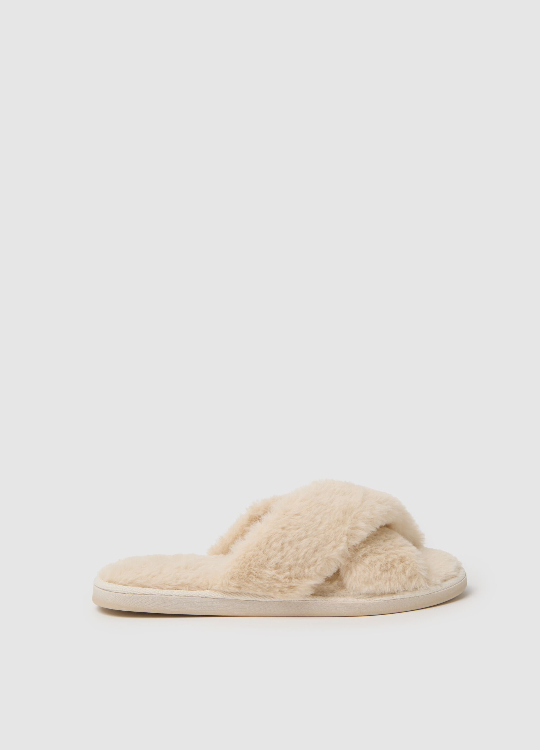 Beige plush women's slippers