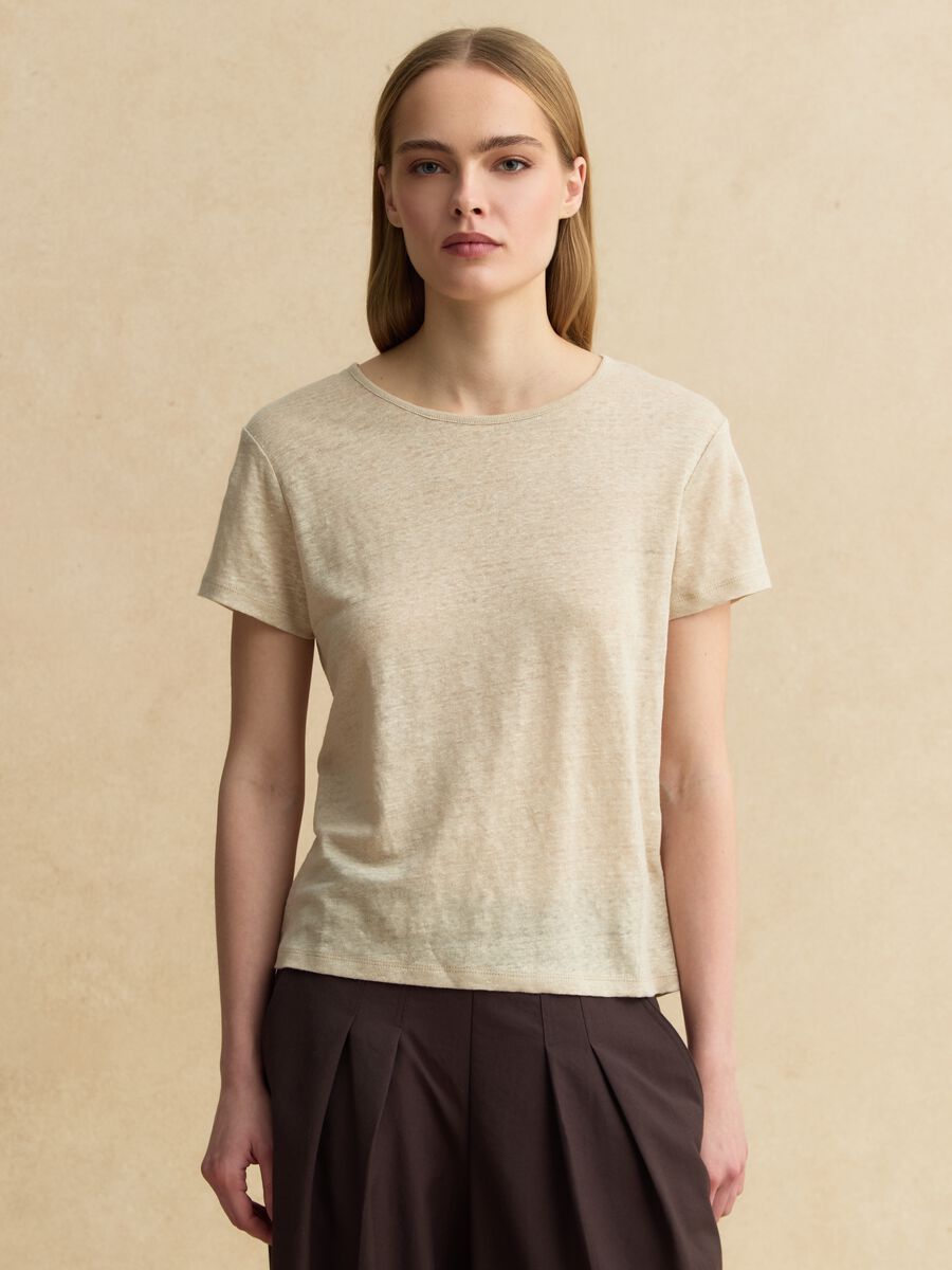 Beige short-sleeve pure linen T-shirt, regular fit_1