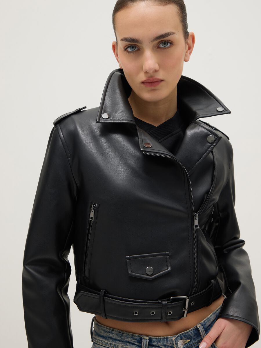 Black biker jacket regular fit with metallic details and diagonal zip_0