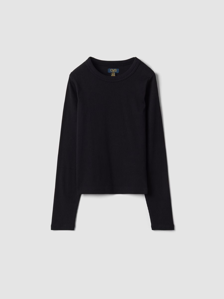 T-shirt nera in cotone organico elasticizzato con collo a costine_0