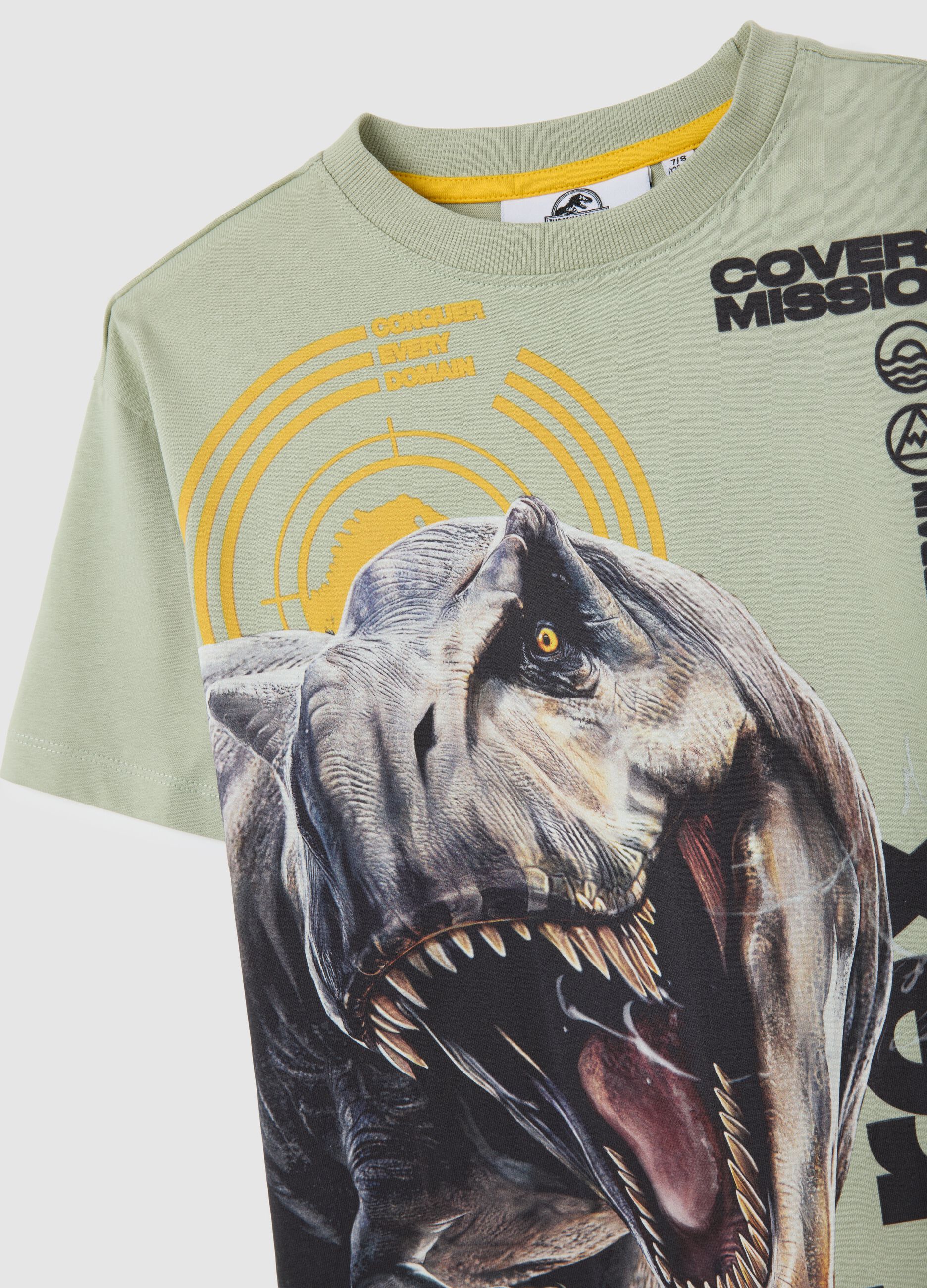 T-shirt verde da bambino in puro cotone con stampa dinosauro Jurassic World