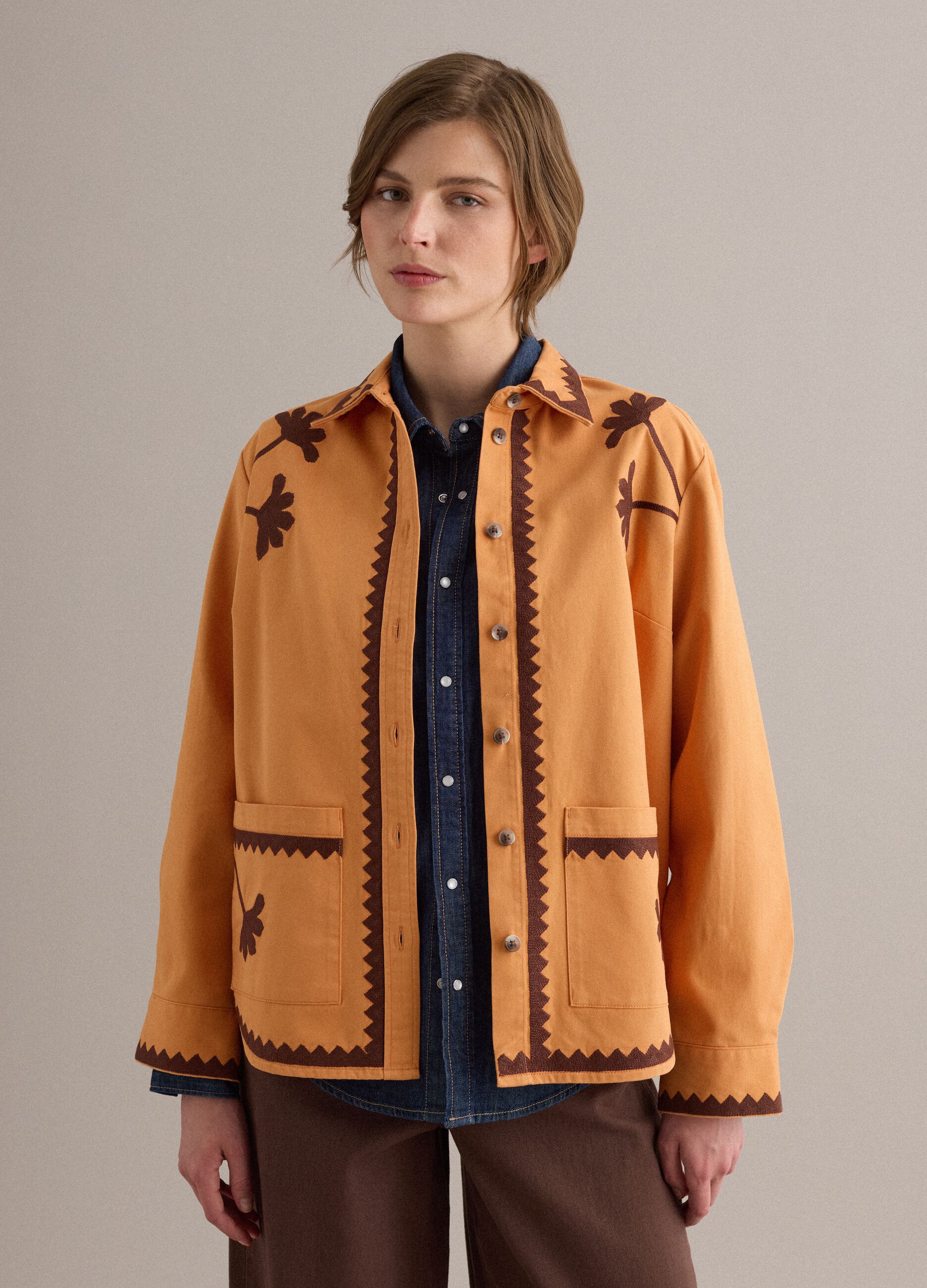 Orange pure cotton jacket with contrast embroidery