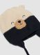 Blue knitted hat with teddy bear motif and ties_1