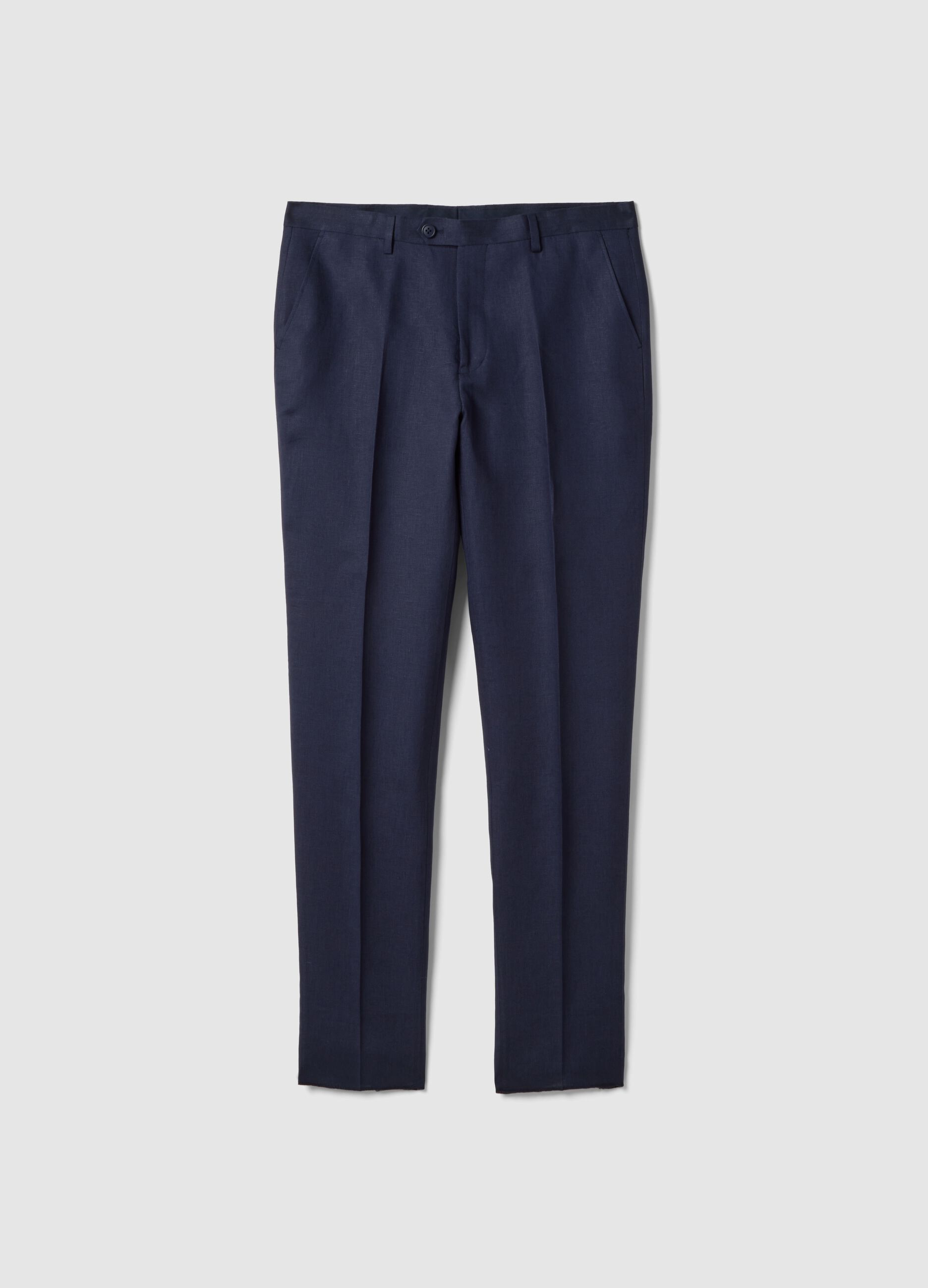 Slim fit blue pure linen trousers