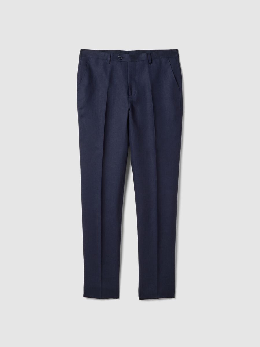Pantaloni in puro lino blu slim fit_0