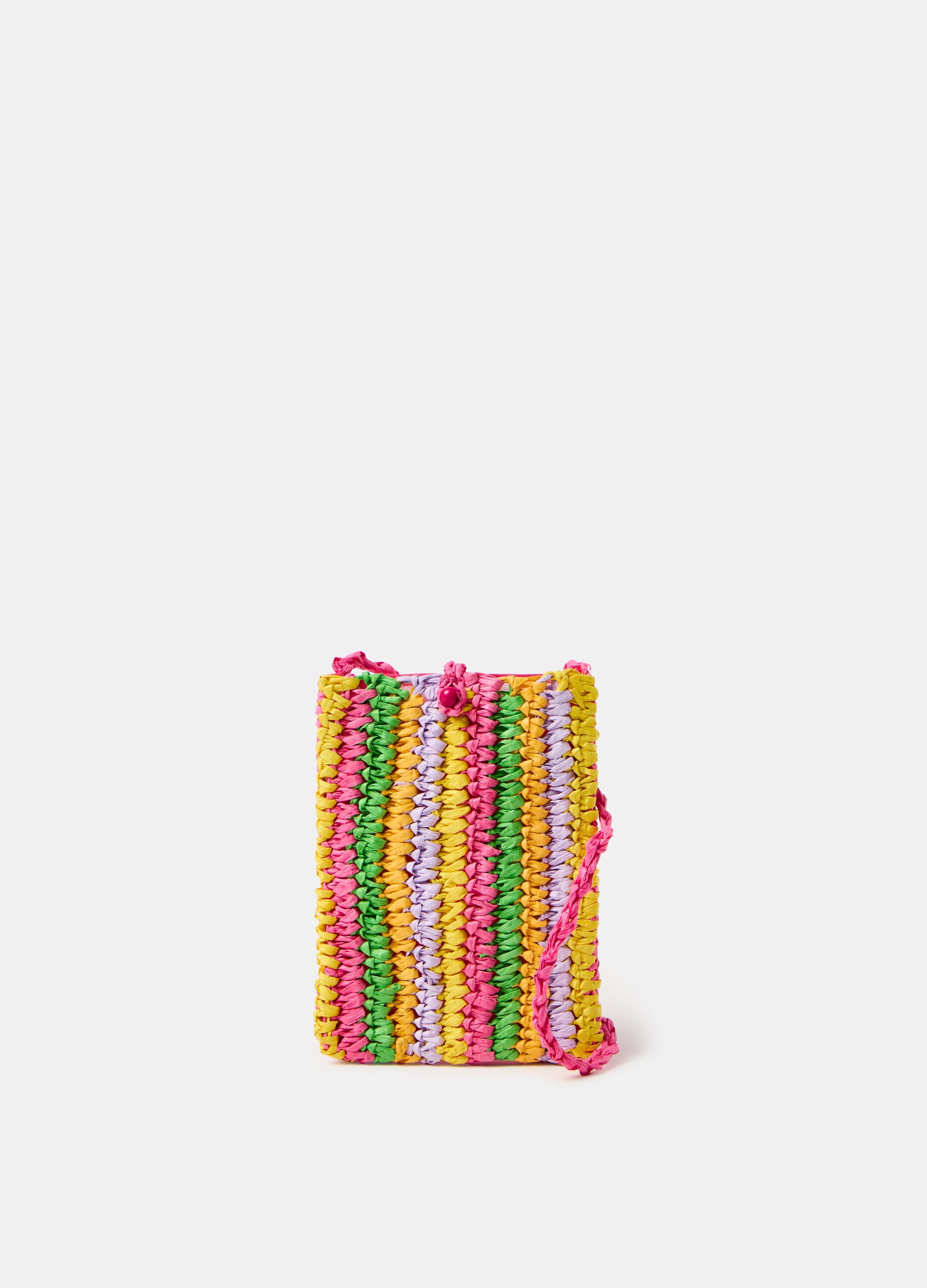 Multicoloured striped raffia mobile phone holder