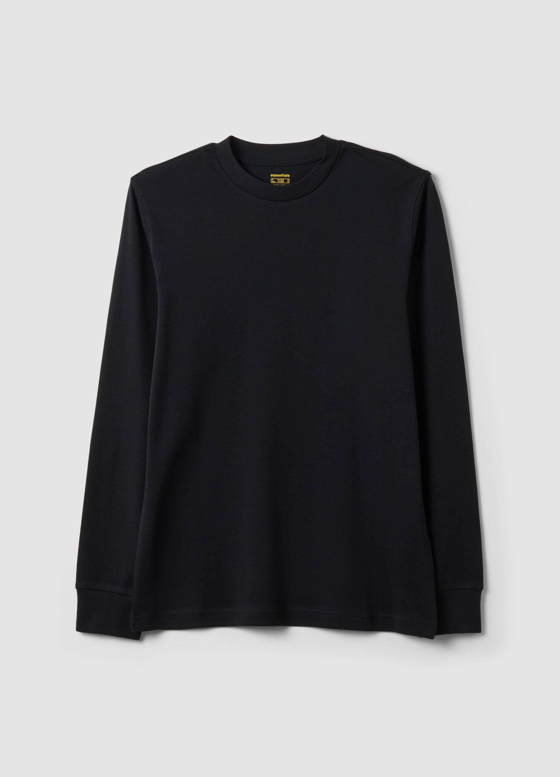 Black pure cotton long-sleeve crew-neck T-shirt, regular fit