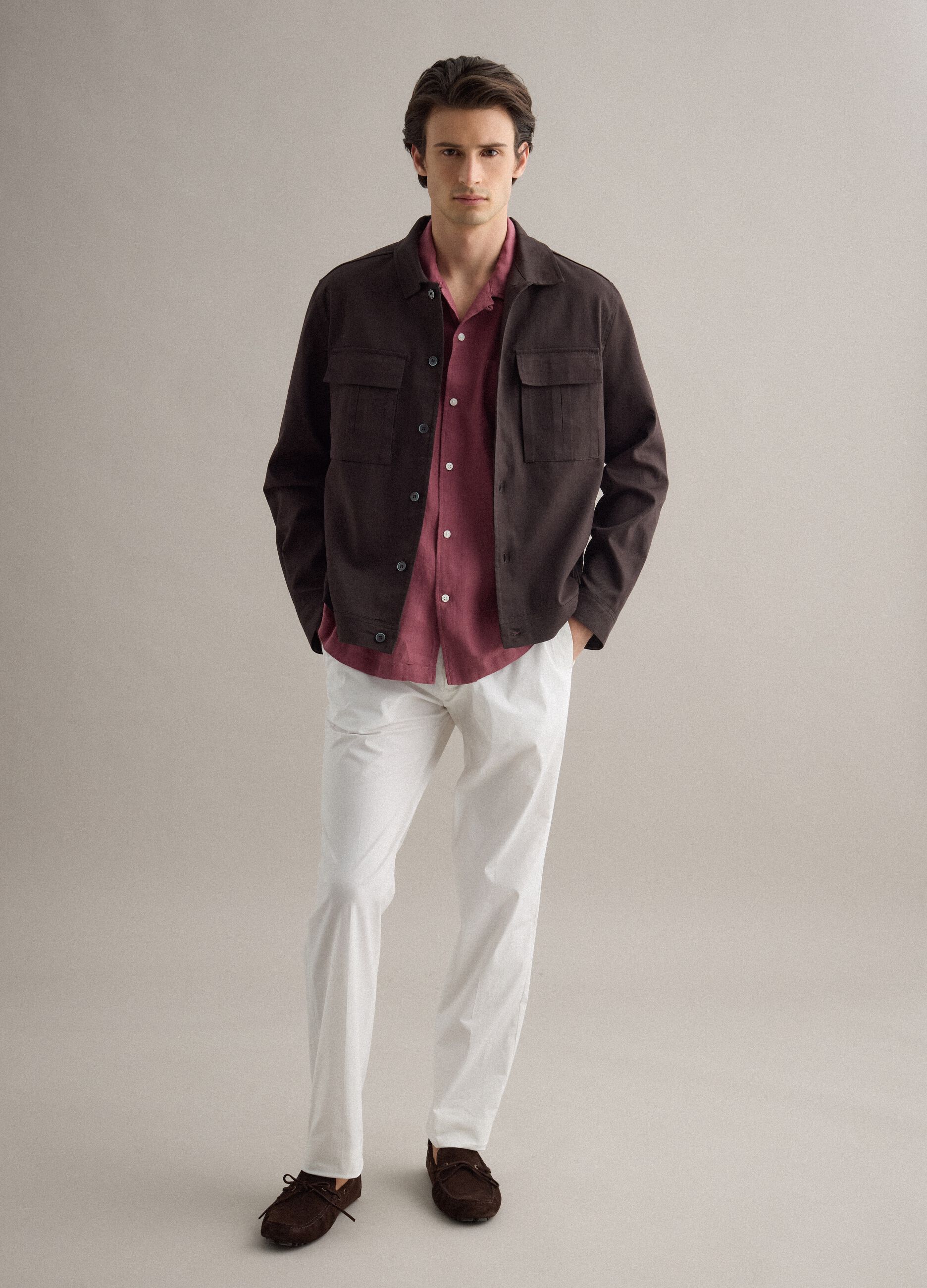 Brown cotton-linen blend jacket regular fit