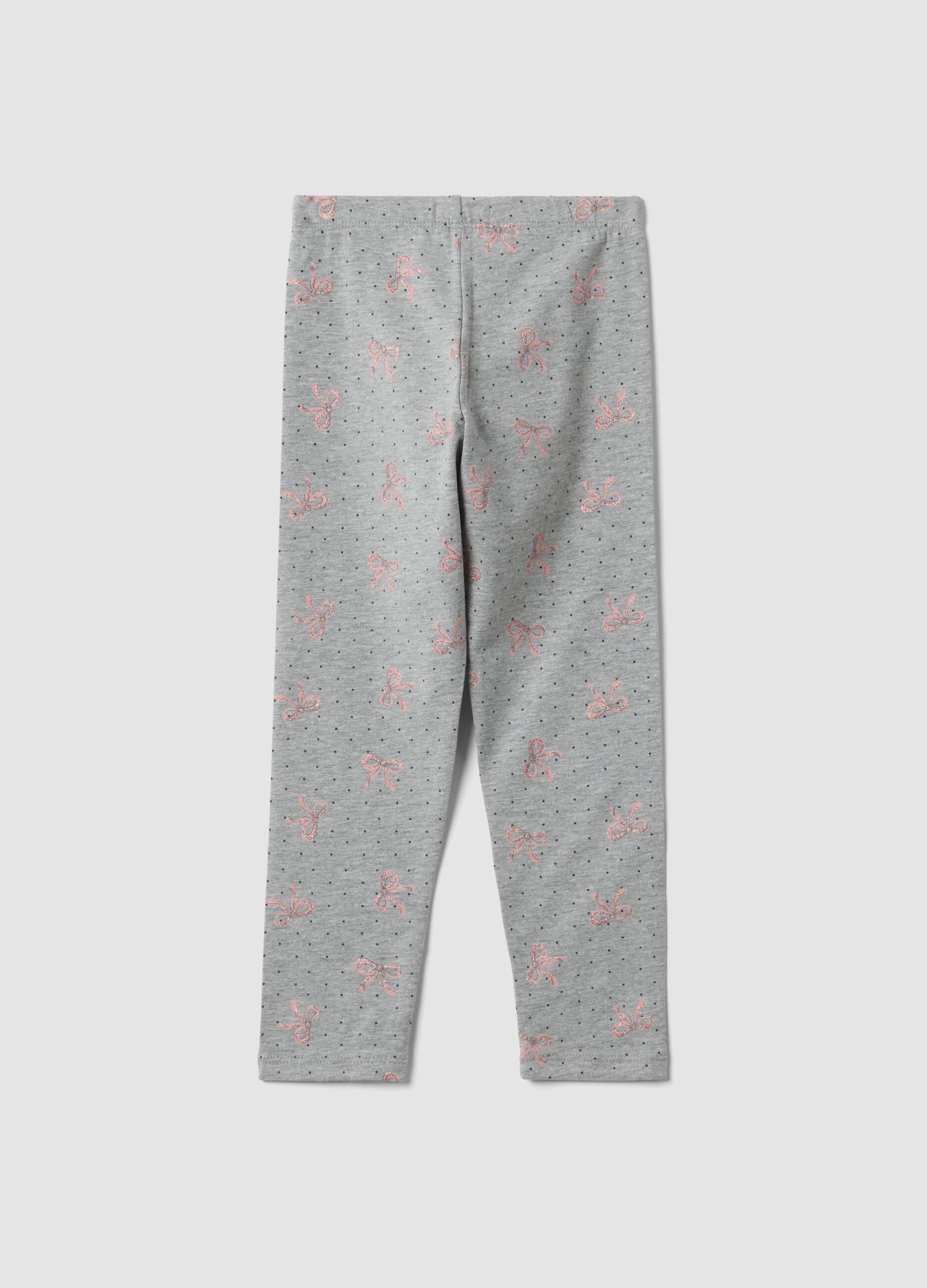 Leggings skinny grigi in cotone organico elasticizzato con fiocchi per bambina