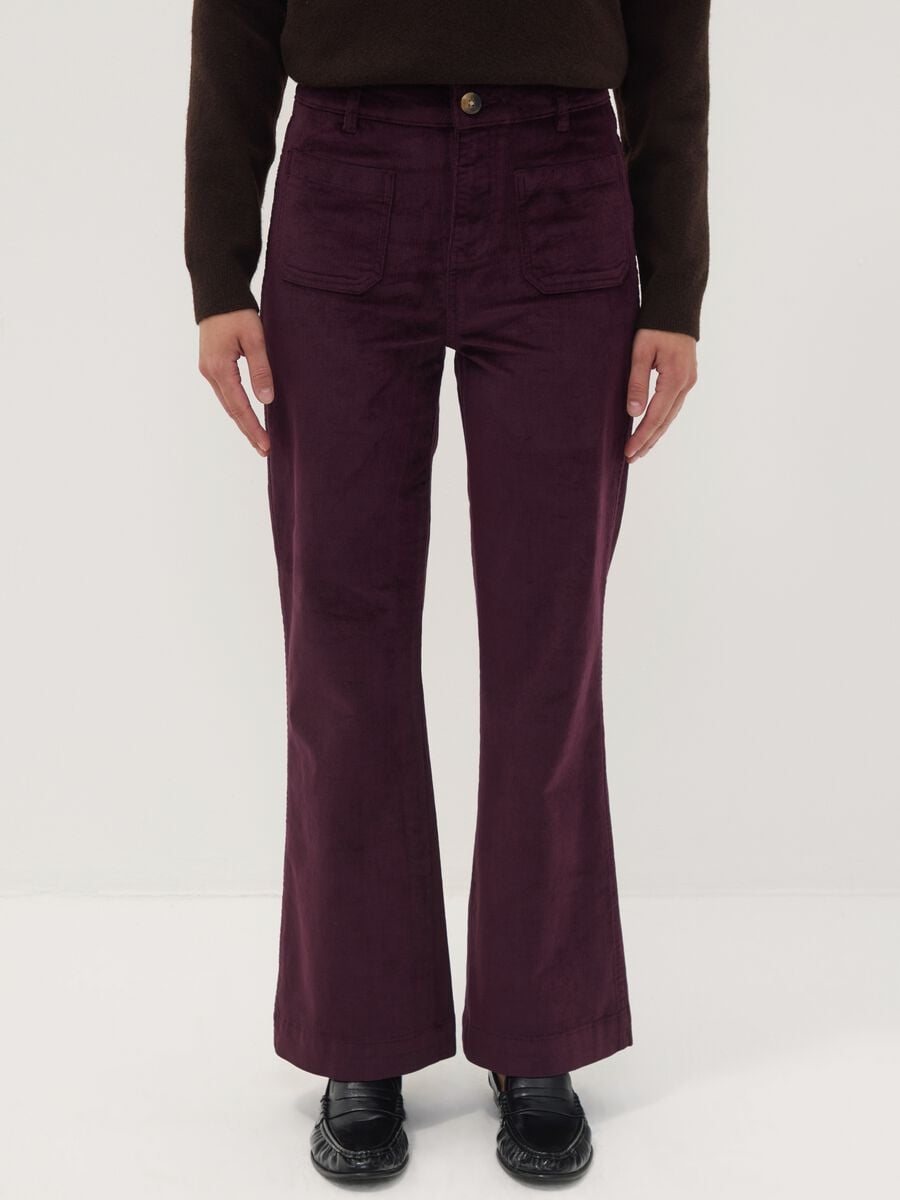 Purple ribbed stretch cotton-modal flare trousers_1
