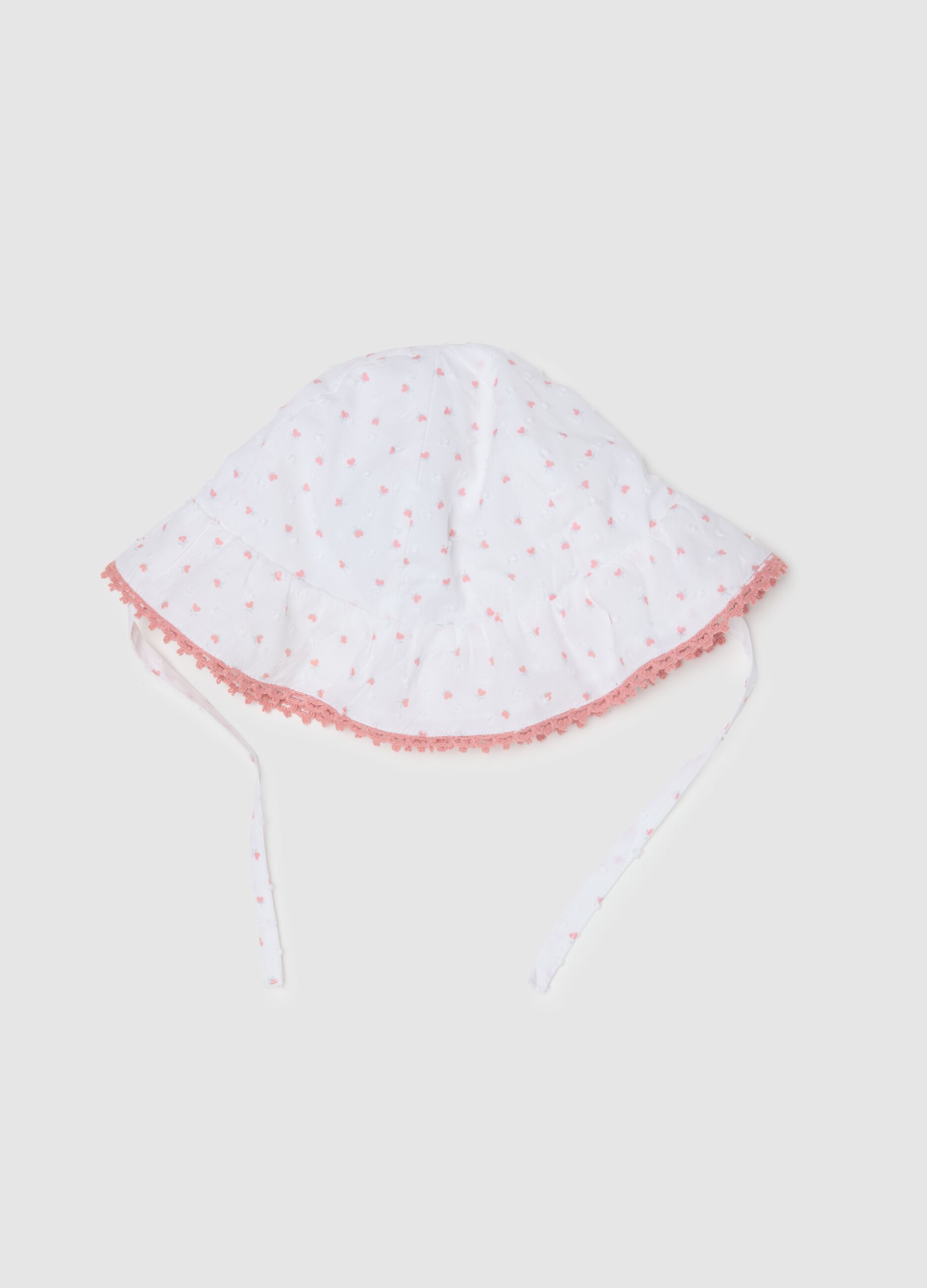 White pure cotton hat with pink trim for babies
