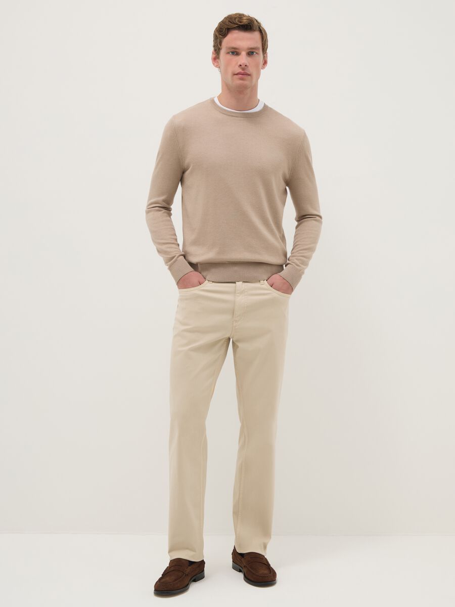 Beige crew neck pullover in regular fit cotton blend_1