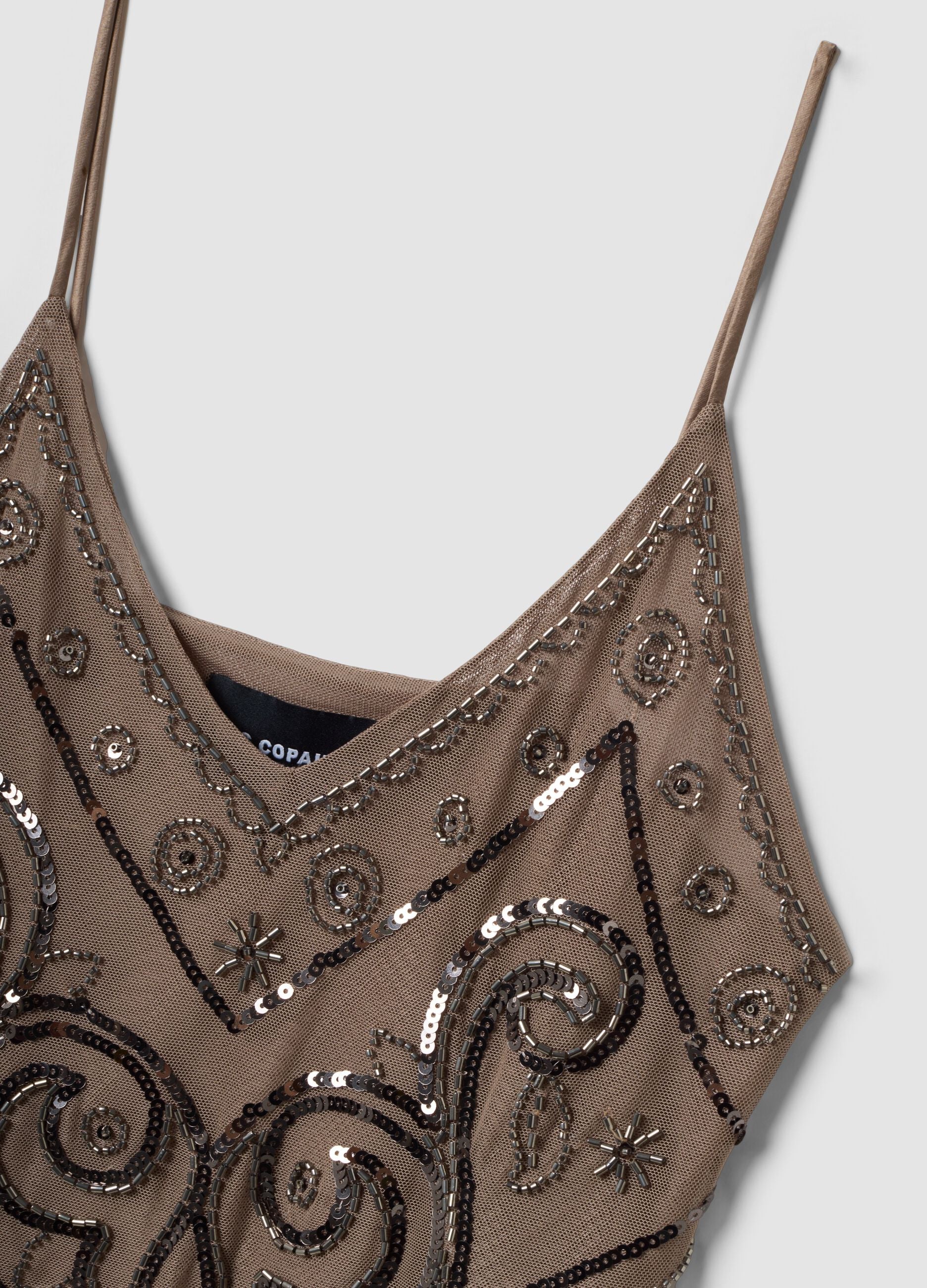 Beige fitted tank top with thin straps in stretch fabric