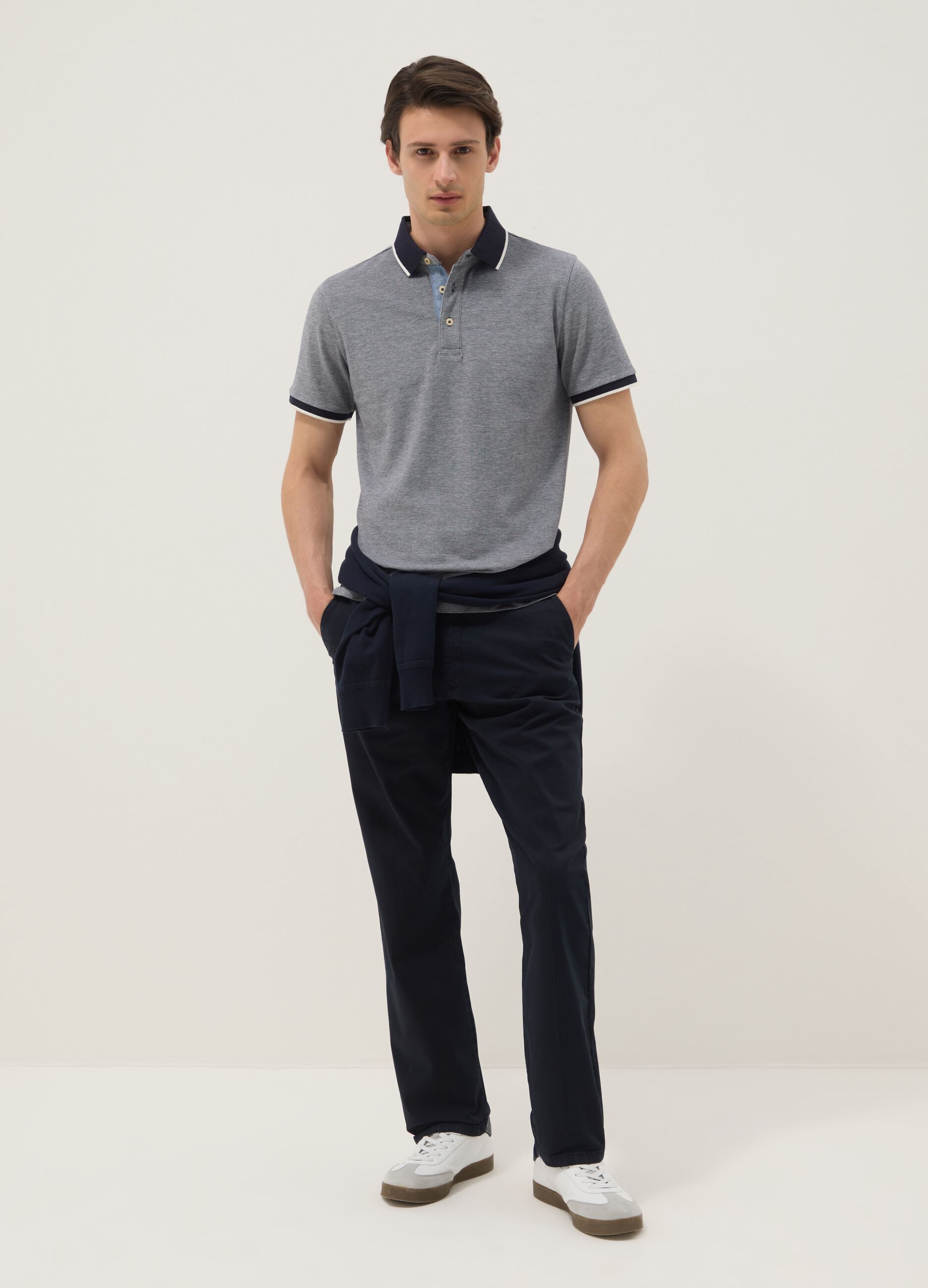 Grey pure cotton polo shirt with classic collar