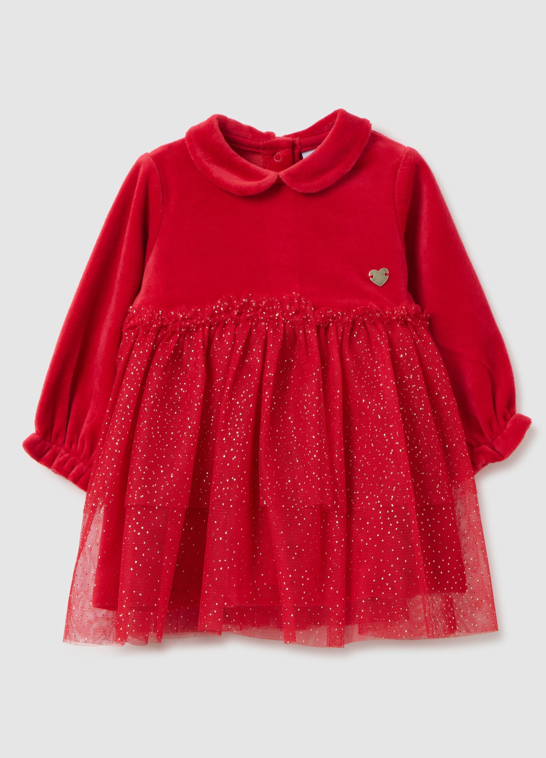 Baby girl's red dress in regular fit cotton blend with glitter tulle