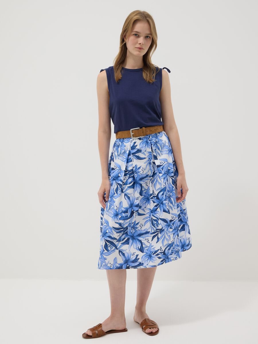 Blue and white cotton midi skirt with floral print_0