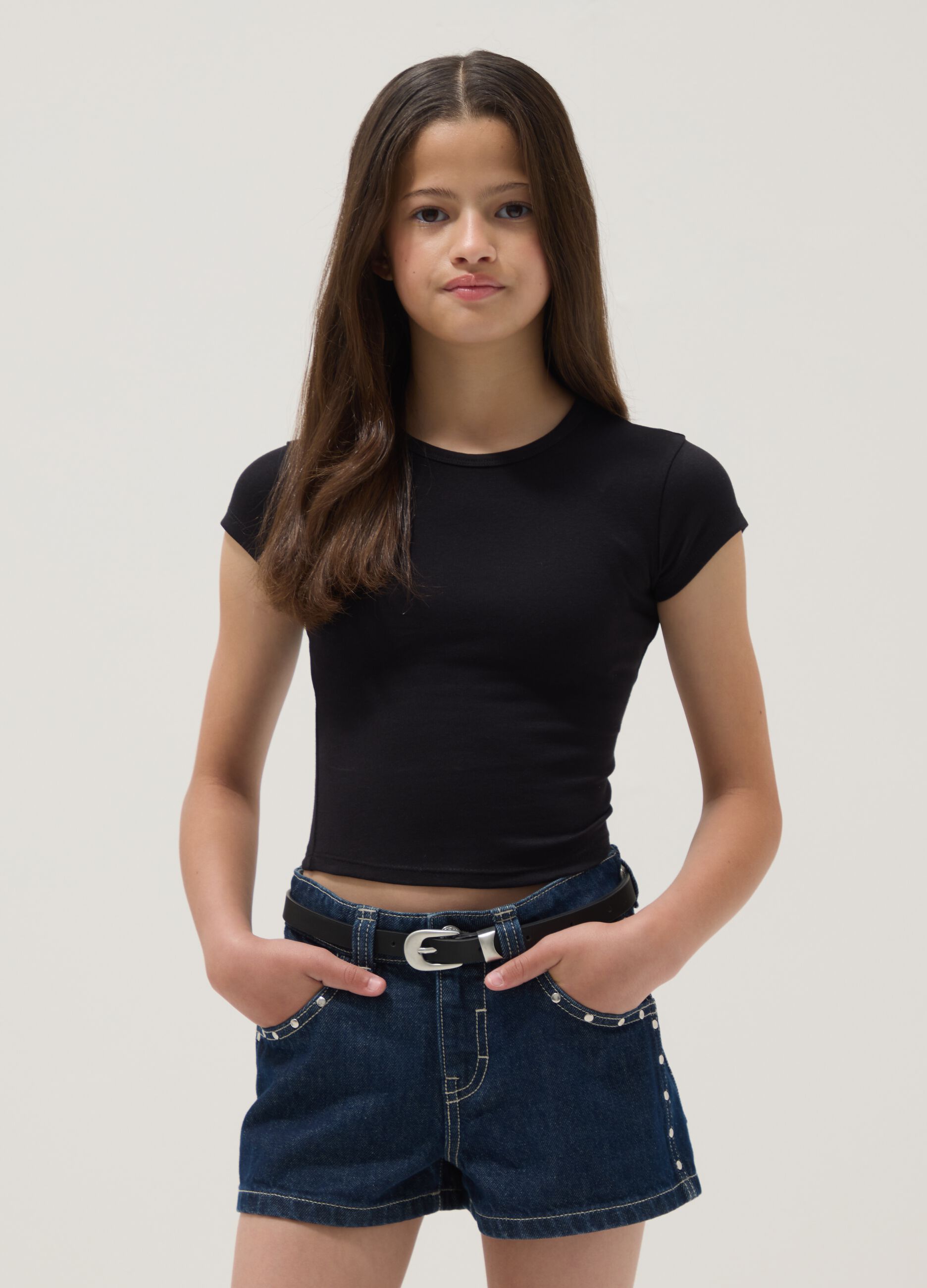 Girls&rsquo; black fitted stretch-cotton T-shirt