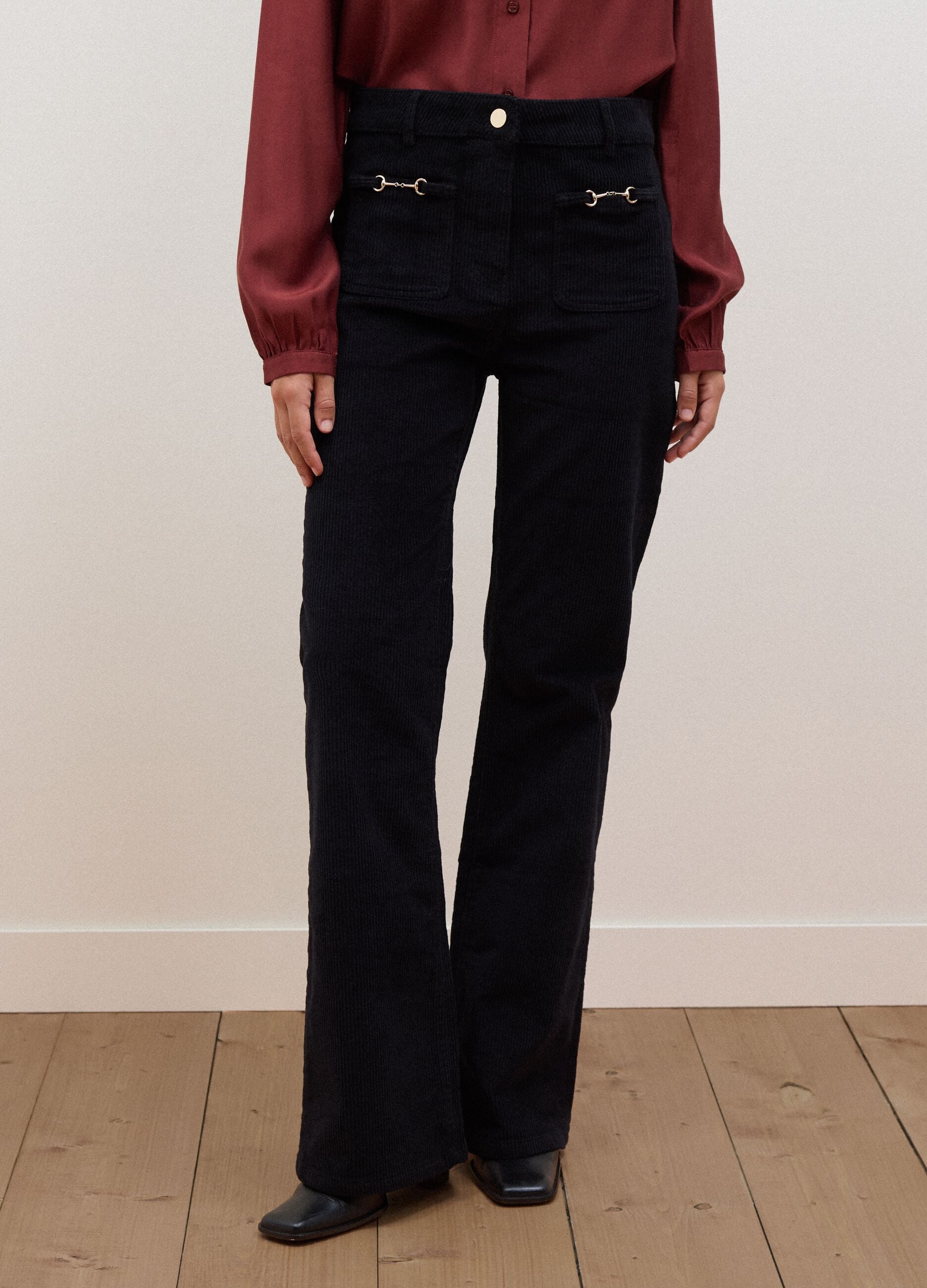 Black ribbed stretch-cotton flared trousers
