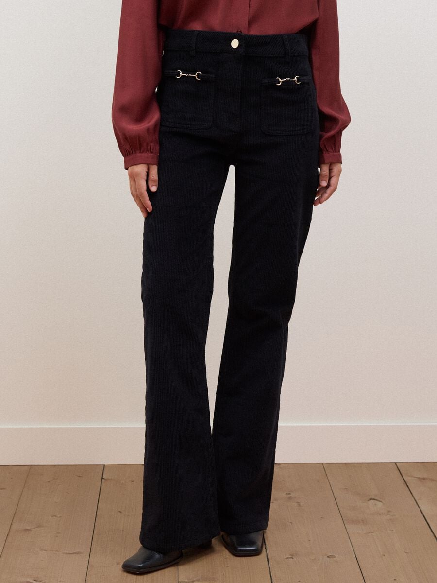 Black ribbed stretch-cotton flared trousers_2