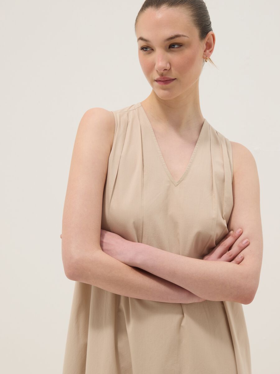 Beige midi dress in pure cotton with V-neck_2