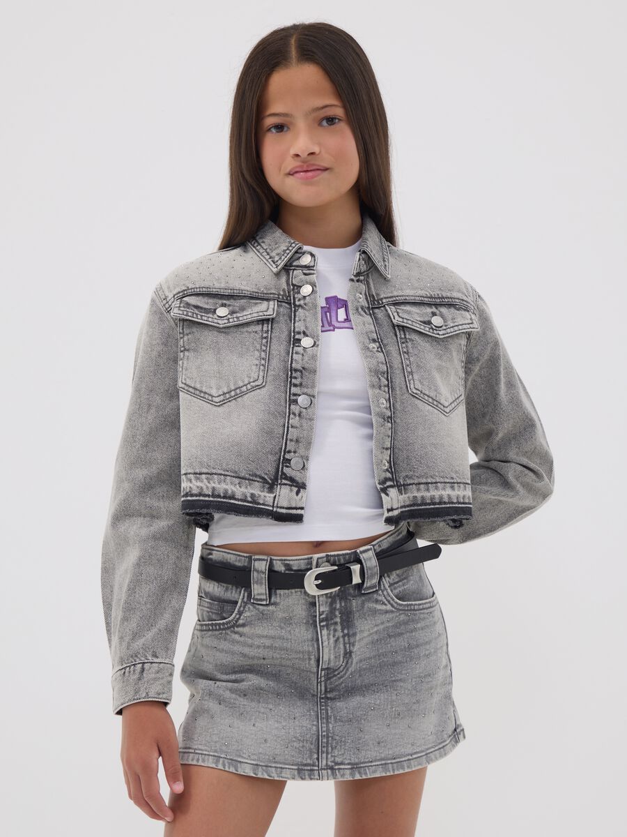 Camicia grigia corta in puro cotone con borchie per ragazza_0