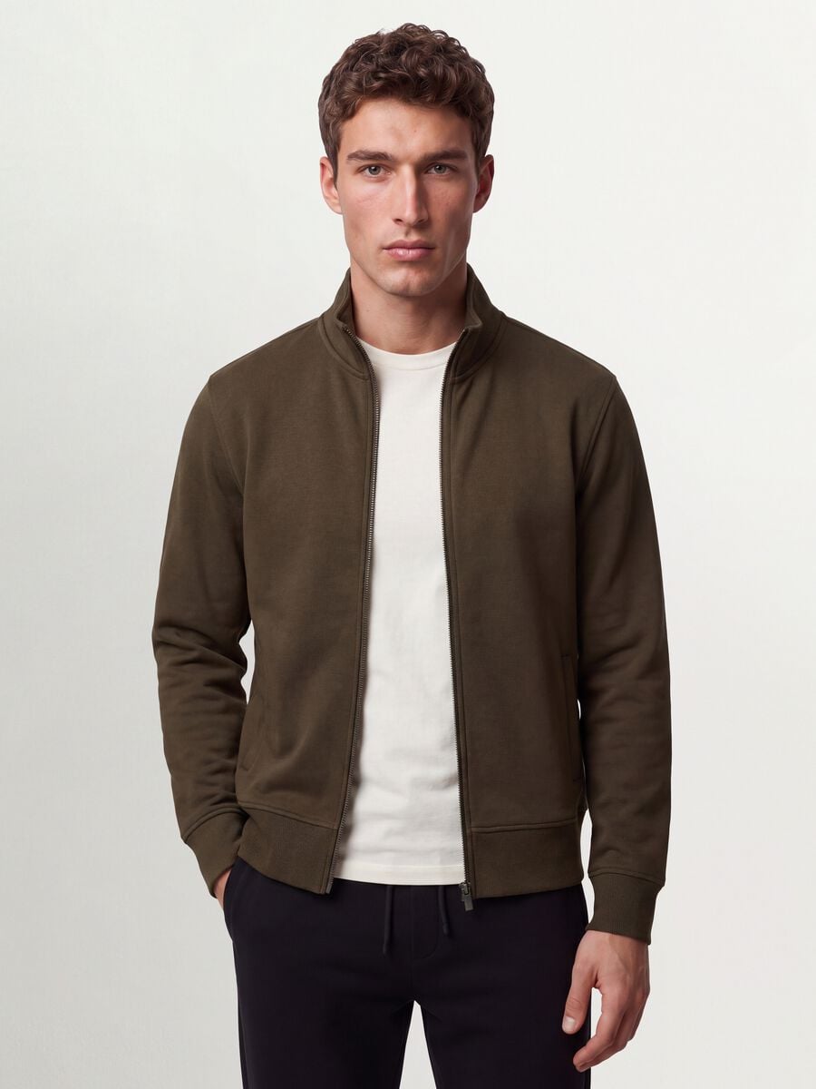 Felpa verde in misto cotone con girocollo e zip regular fit_0
