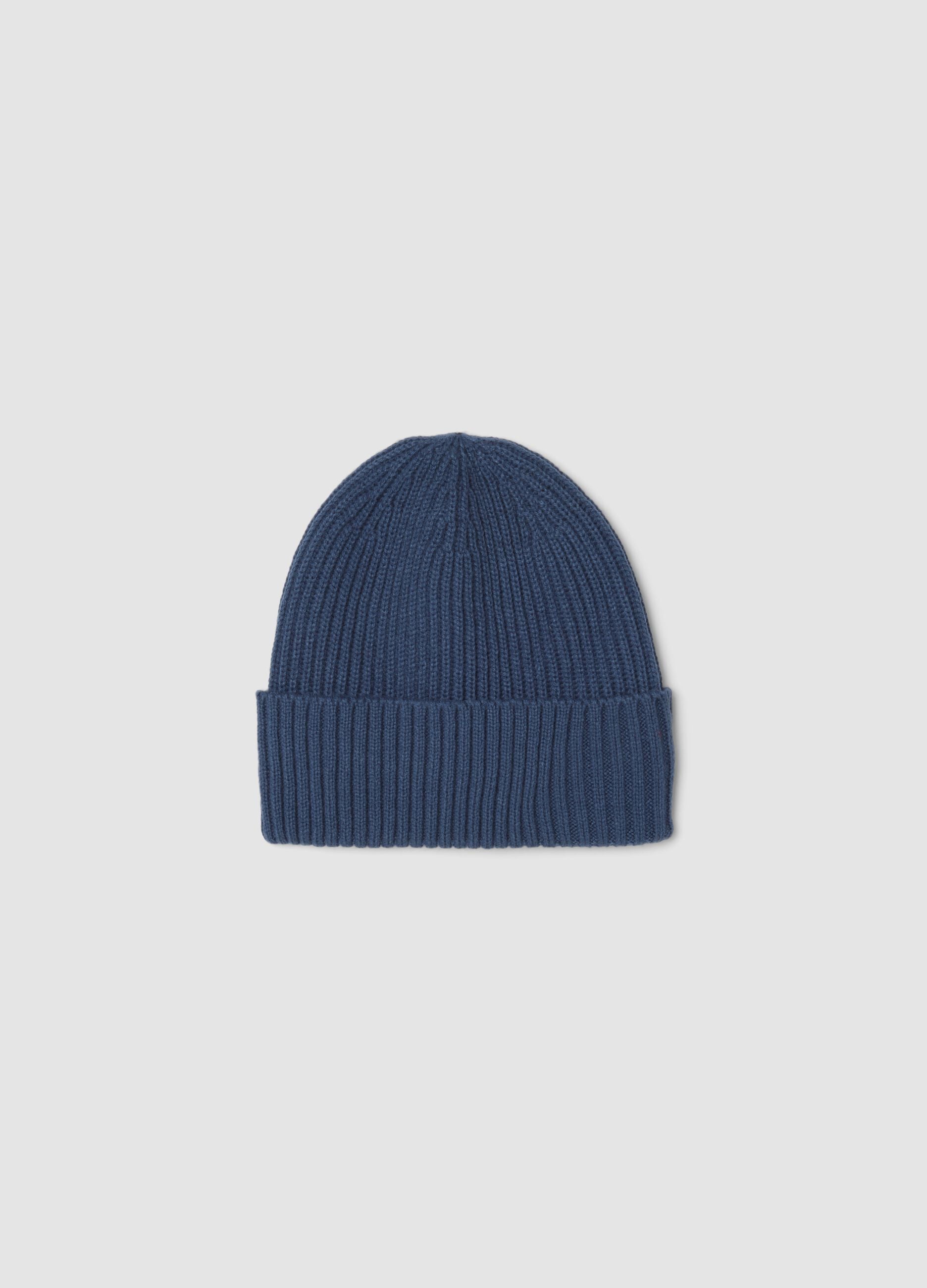 Blue knitted beanie with cuff