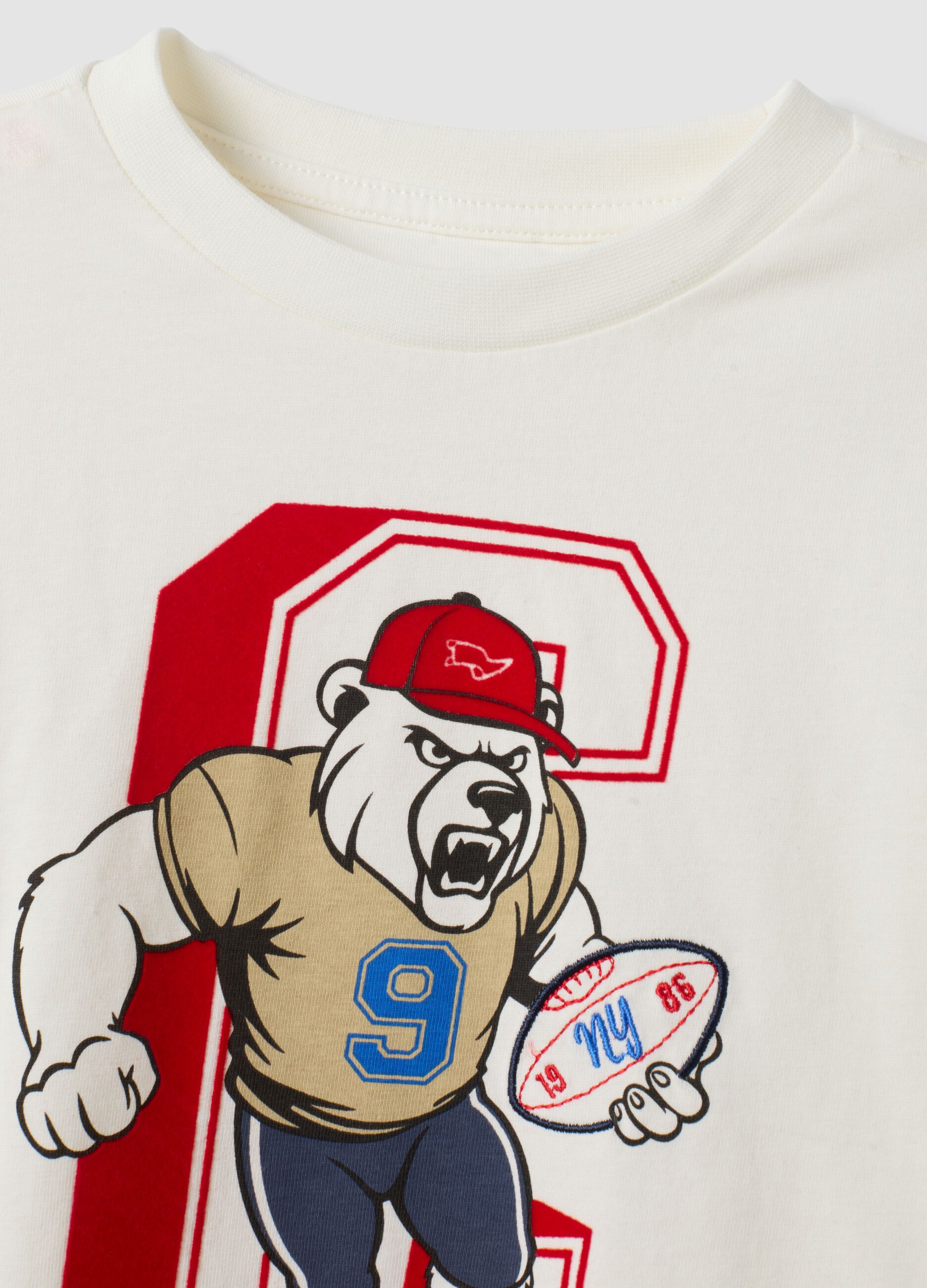 T-shirt bianca in puro cotone a girocollo con stampa orso per bambino