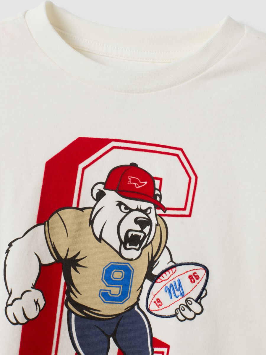White pure cotton crew-neck T-shirt with bear print for boys_2