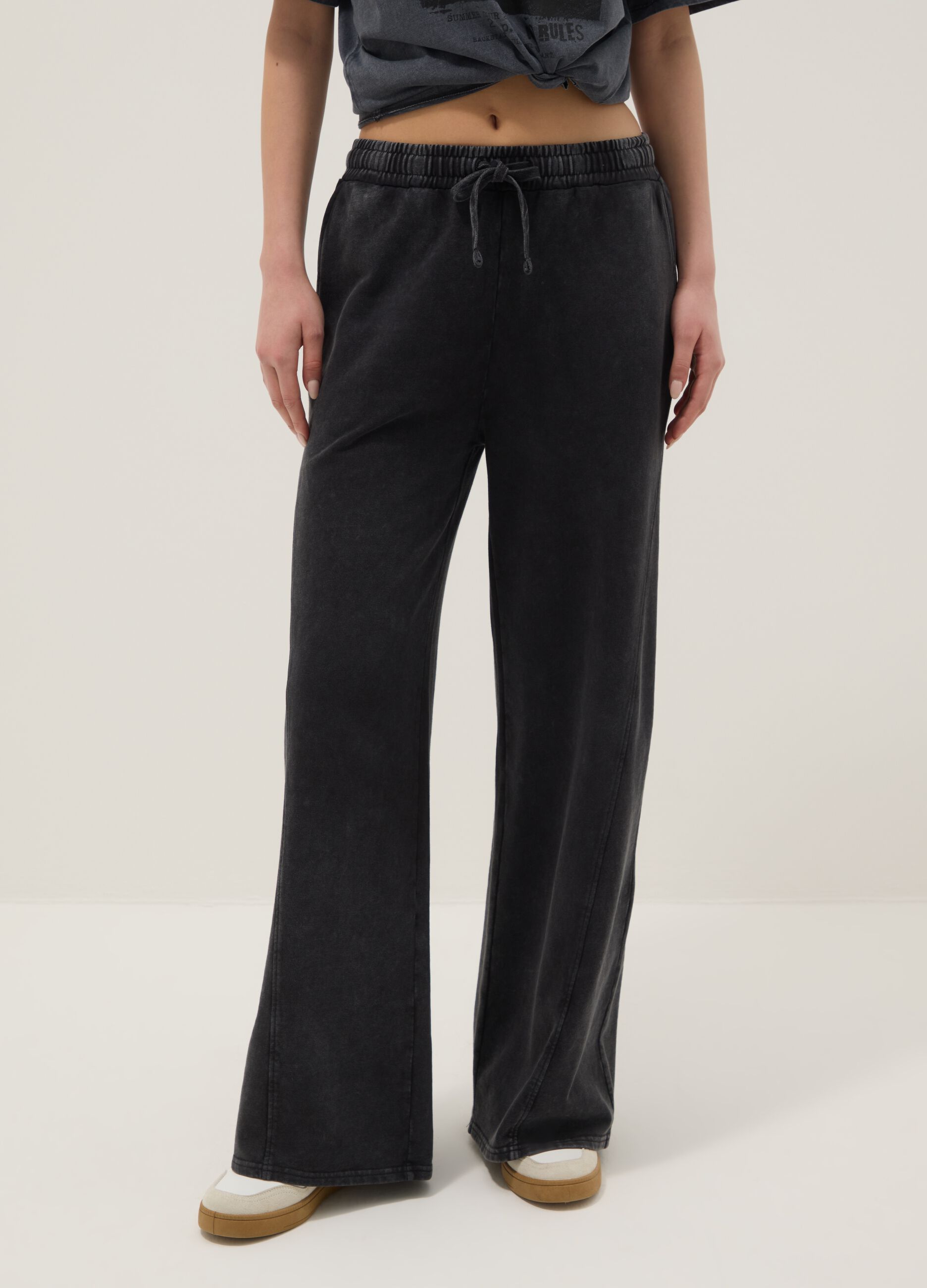 Black pure cotton wide leg jogger trousers