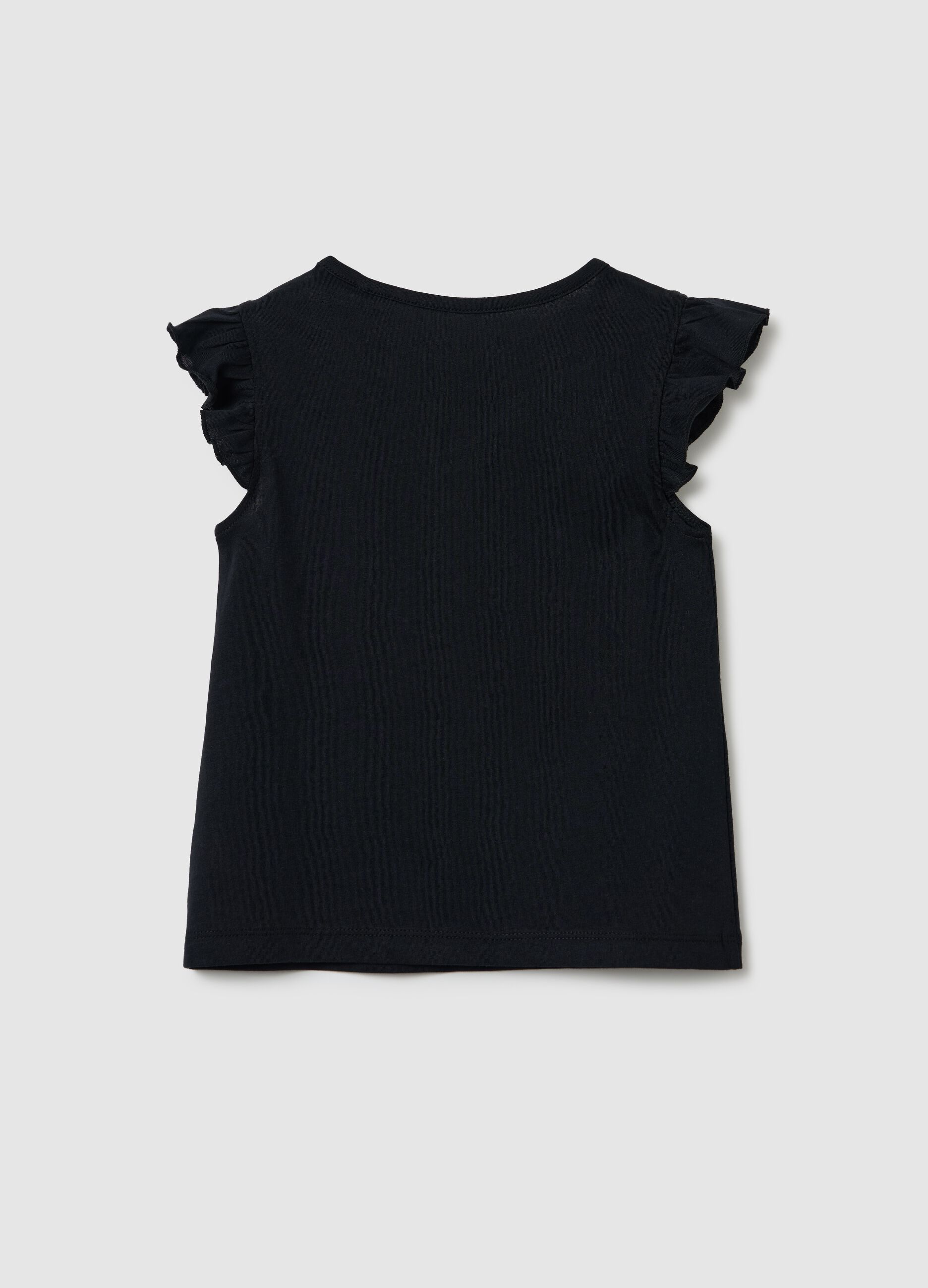 Girls' black pure cotton regular fit T-shirt with ruffles