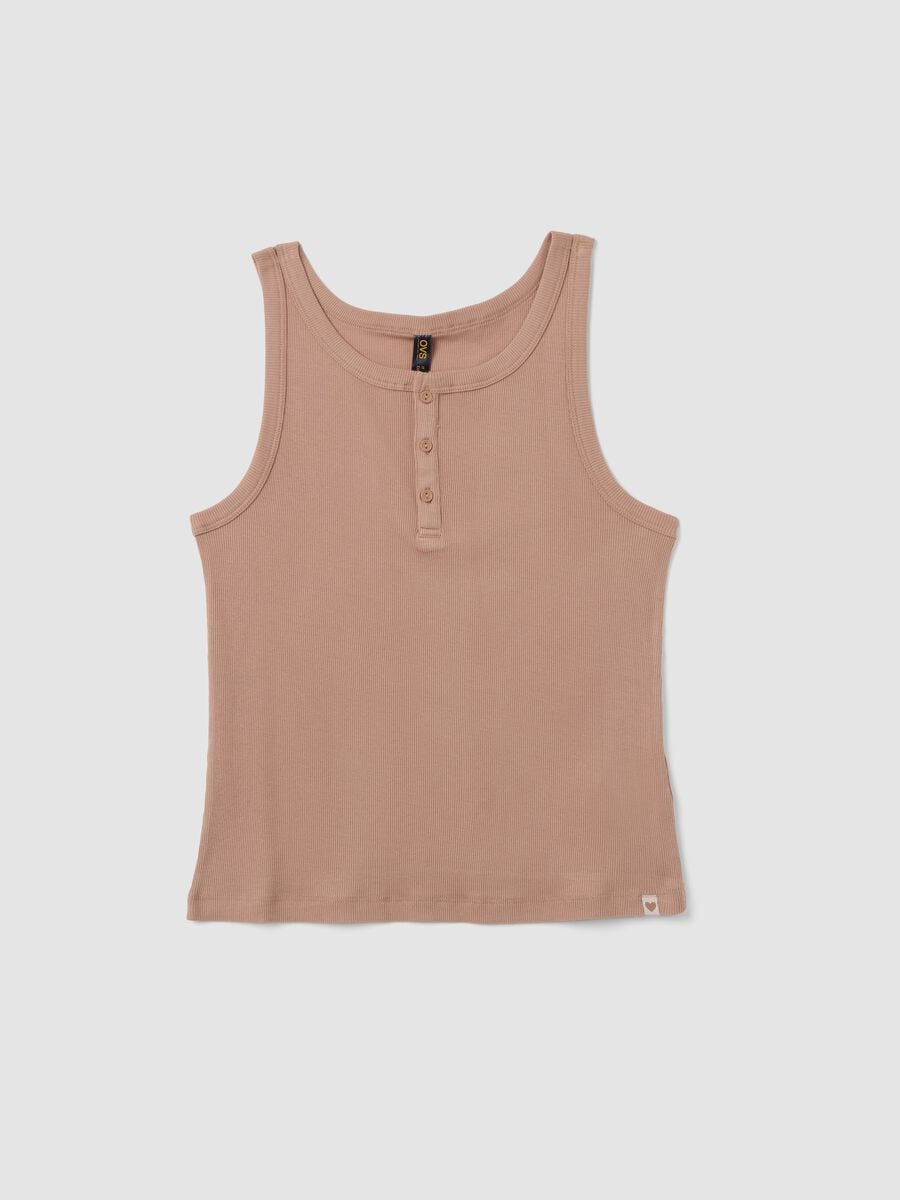 Canotta serafino beige in misto cotone e viscosa a costine_4