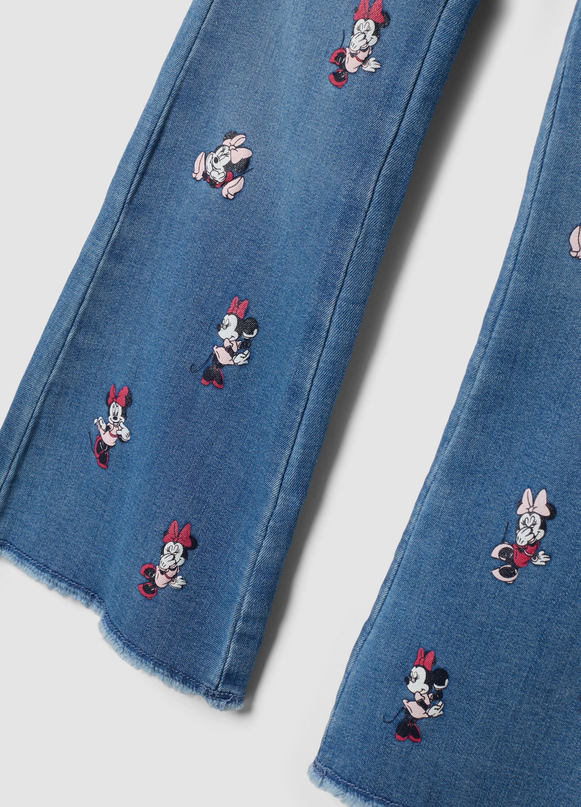 Jeggings blu flare fit in cotone e viscosa elasticizzata con stampa Minnie