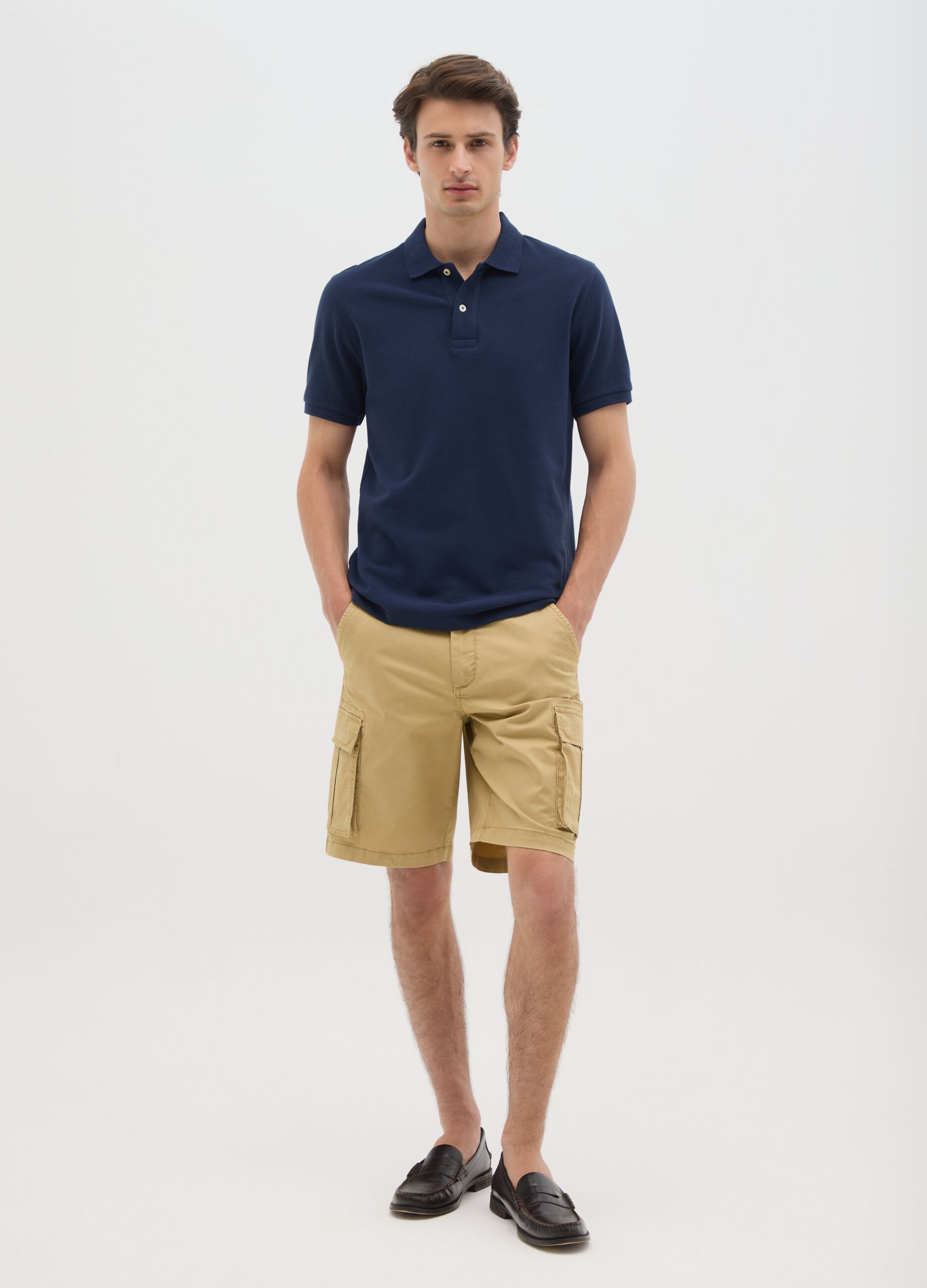 Men's beige stretch cotton regular fit bermuda shorts